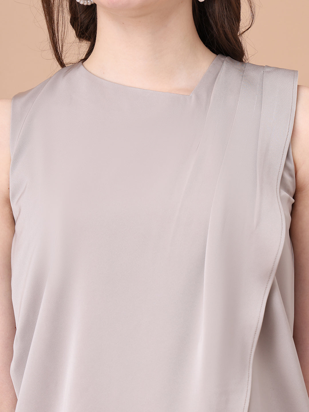 Exude Infinite Femme Satin Sleeveless Top with Front Side Overlay Light Beige Tops