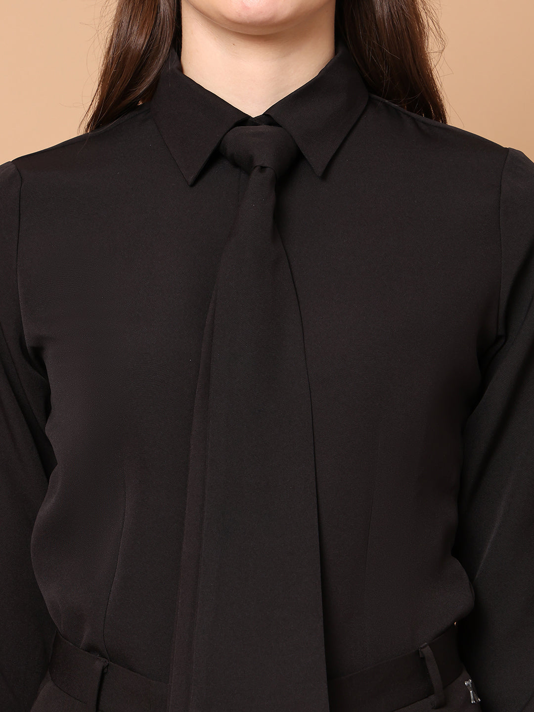 Exude Reign Supreme Shirt with Tie Paired with Matching Bootcut Trouser Black Co-ord Sets