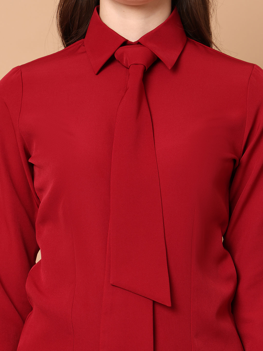 Exude Feminine touch Tie Shirt Red Tops