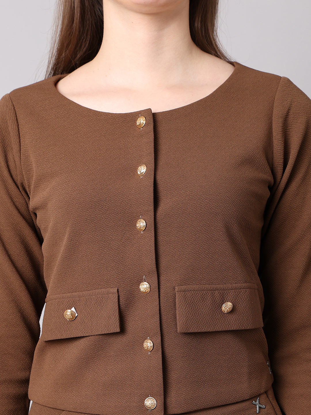 Exude Invincible Crop Blazer Top with Front Slit Midi Skirt Coffee