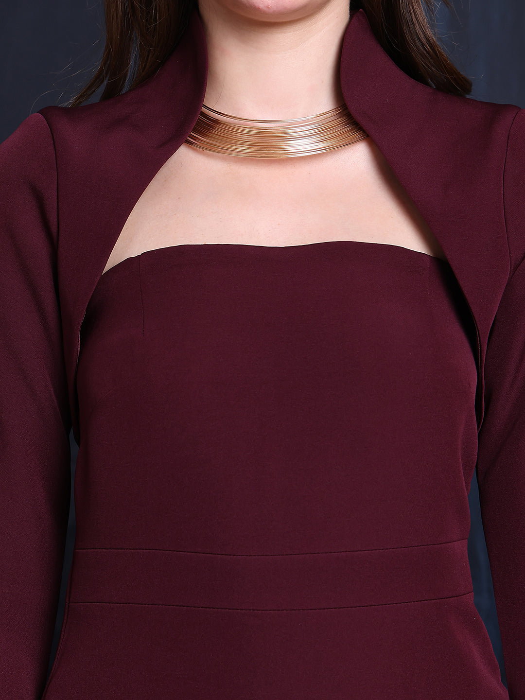 Exude Cosmic Couture 2 Piece Dress Set, Midi Dress With Shrug Blazer Wine
