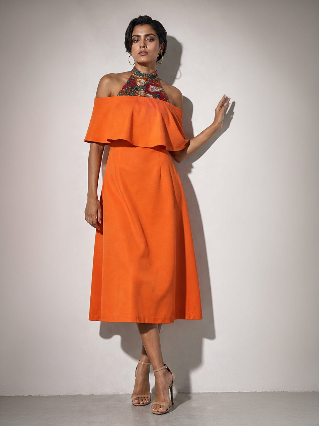 Orange Halter Neck Ruffle Midi Dress