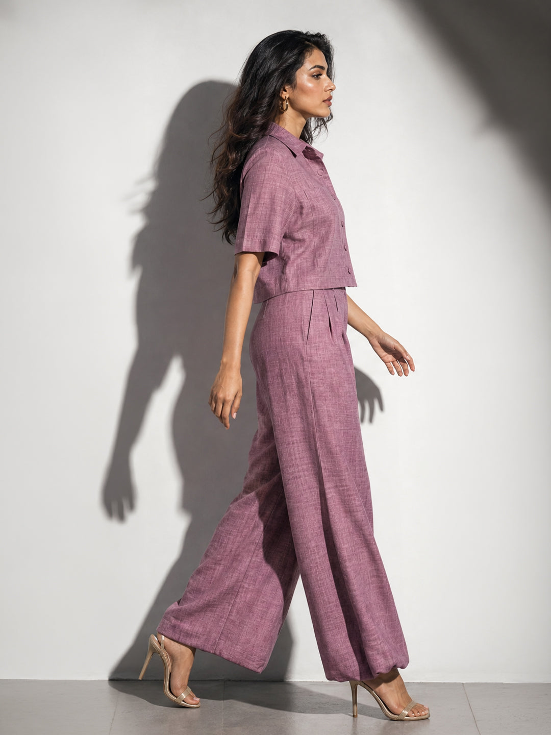 Mauve Linen Shirt & Wide-Leg Pants Co-ord Set