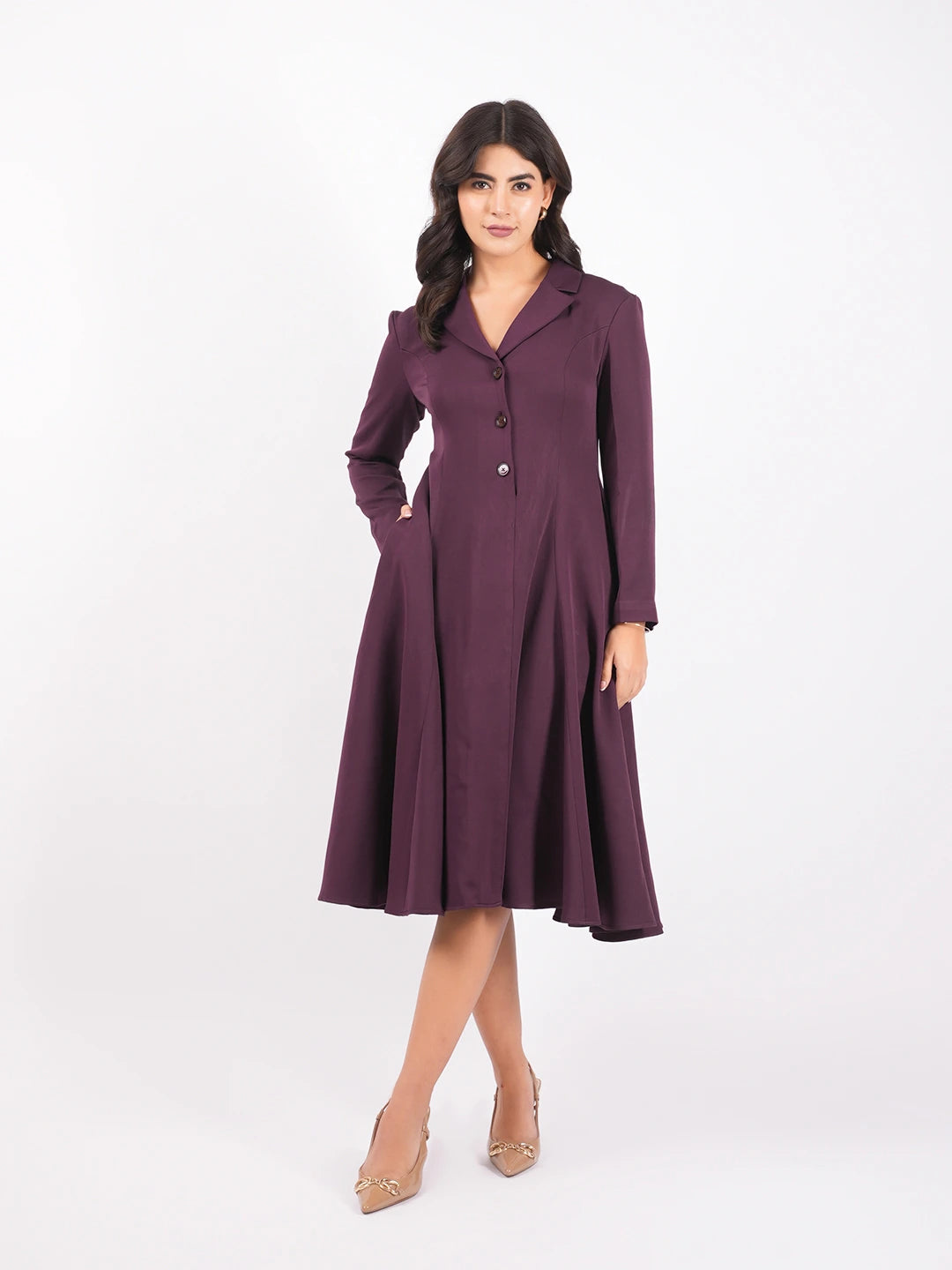 Exude Plum Enchant Flare Coat Dress