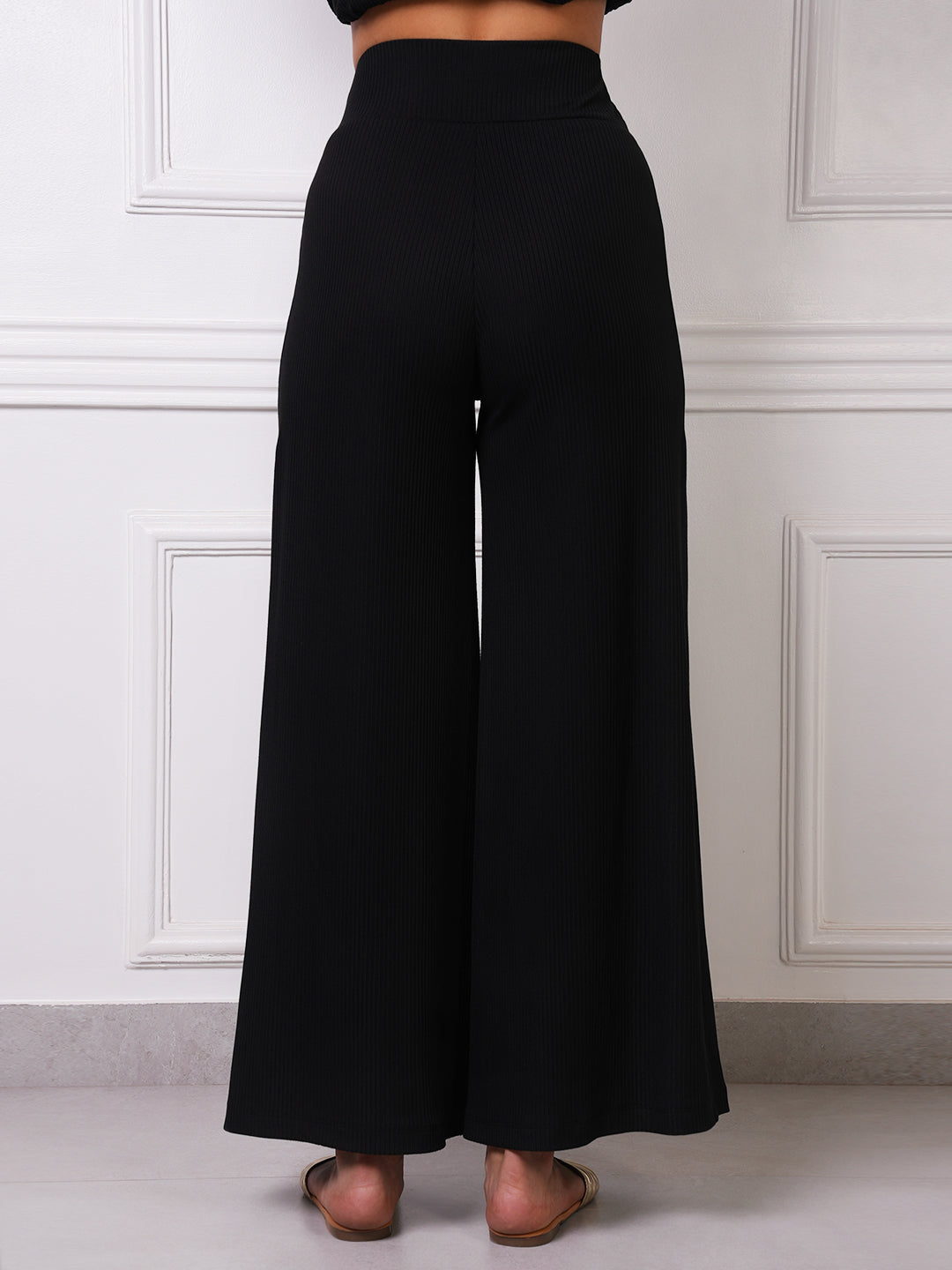Black Ribbed High-Waist Wide-Leg Palazzo Pants