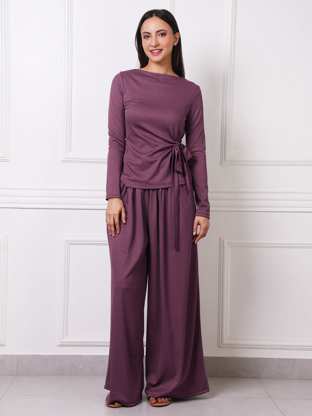 Mauve Ribbed Gathered Wide-Leg Palazzo Pants