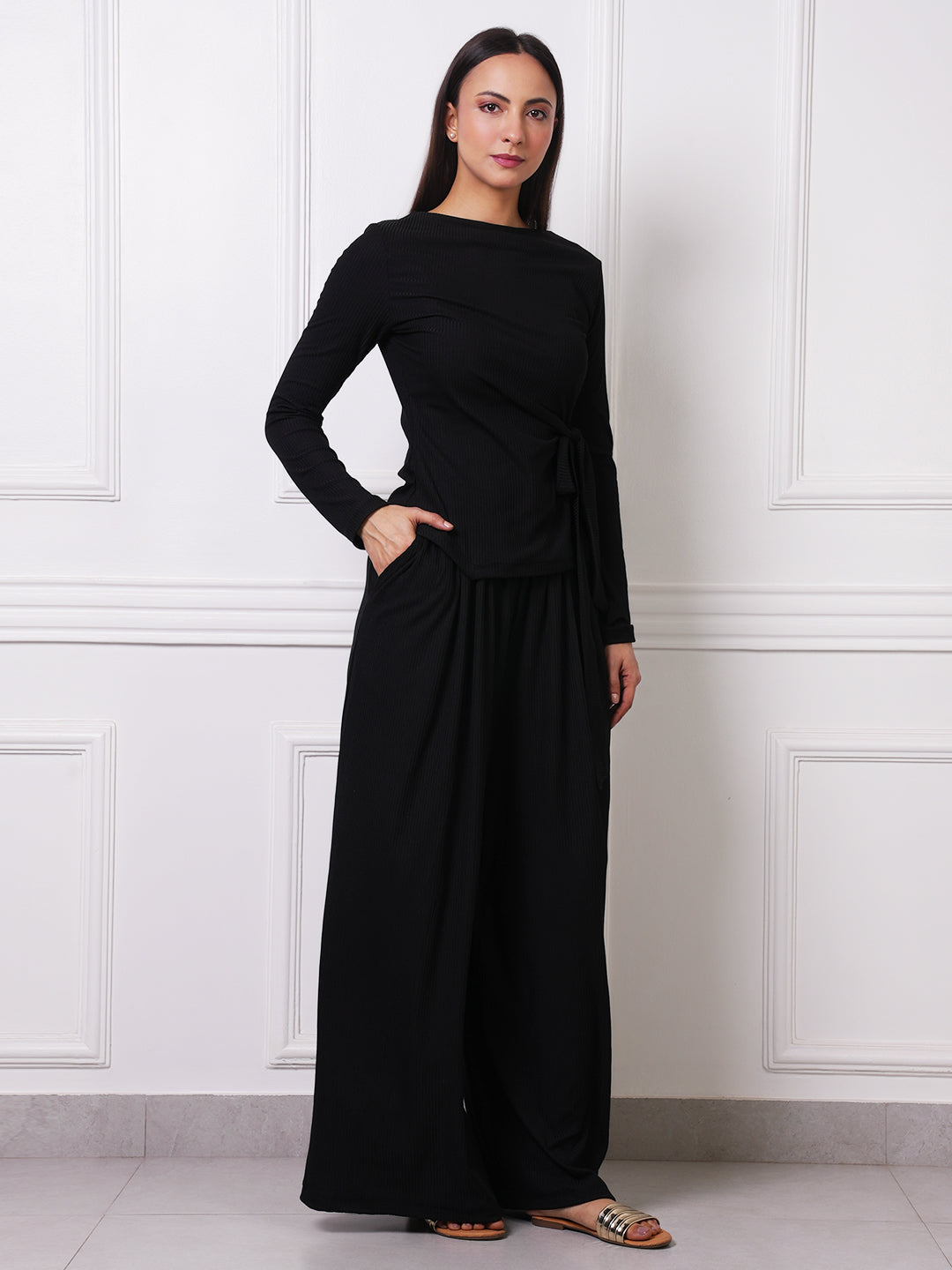Black Ribbed Boat Neck Tie-Waist Co-ord Set