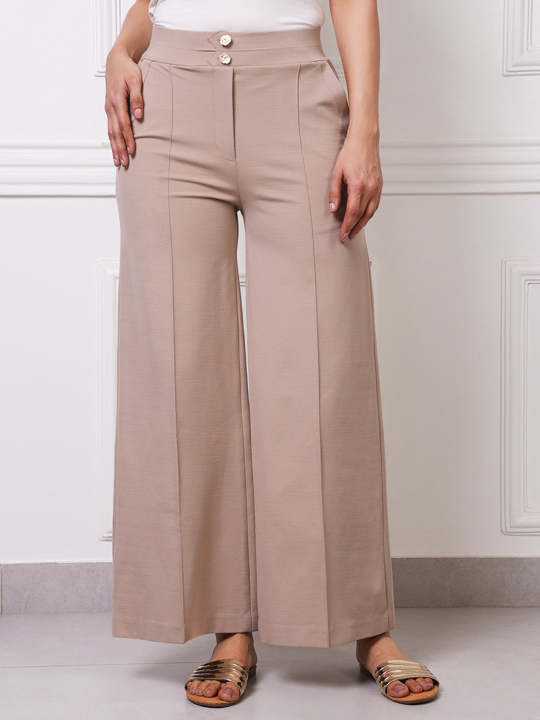 Beige High-Waist Wide-Leg Trousers