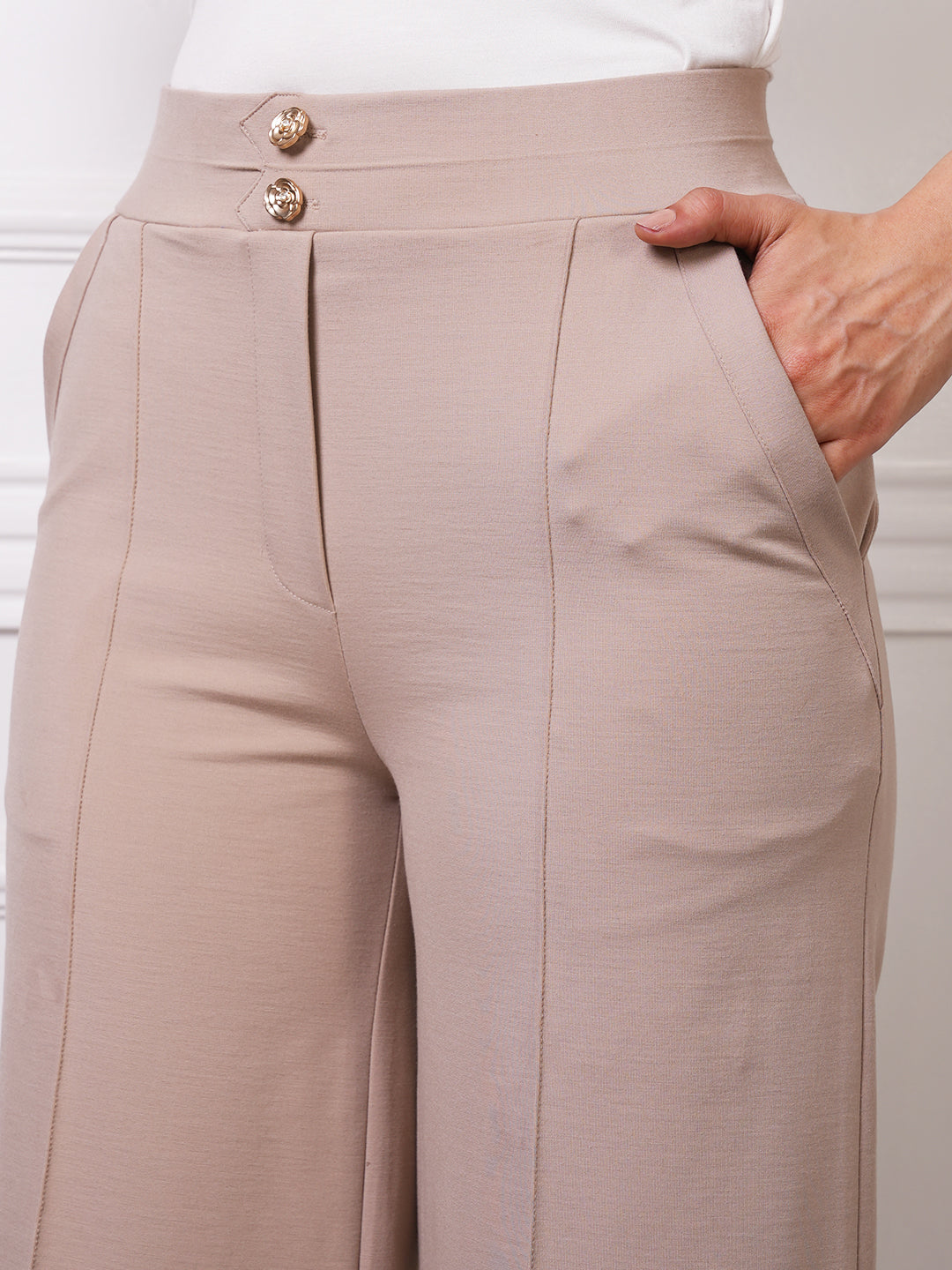 Beige High-Waist Wide-Leg Trousers