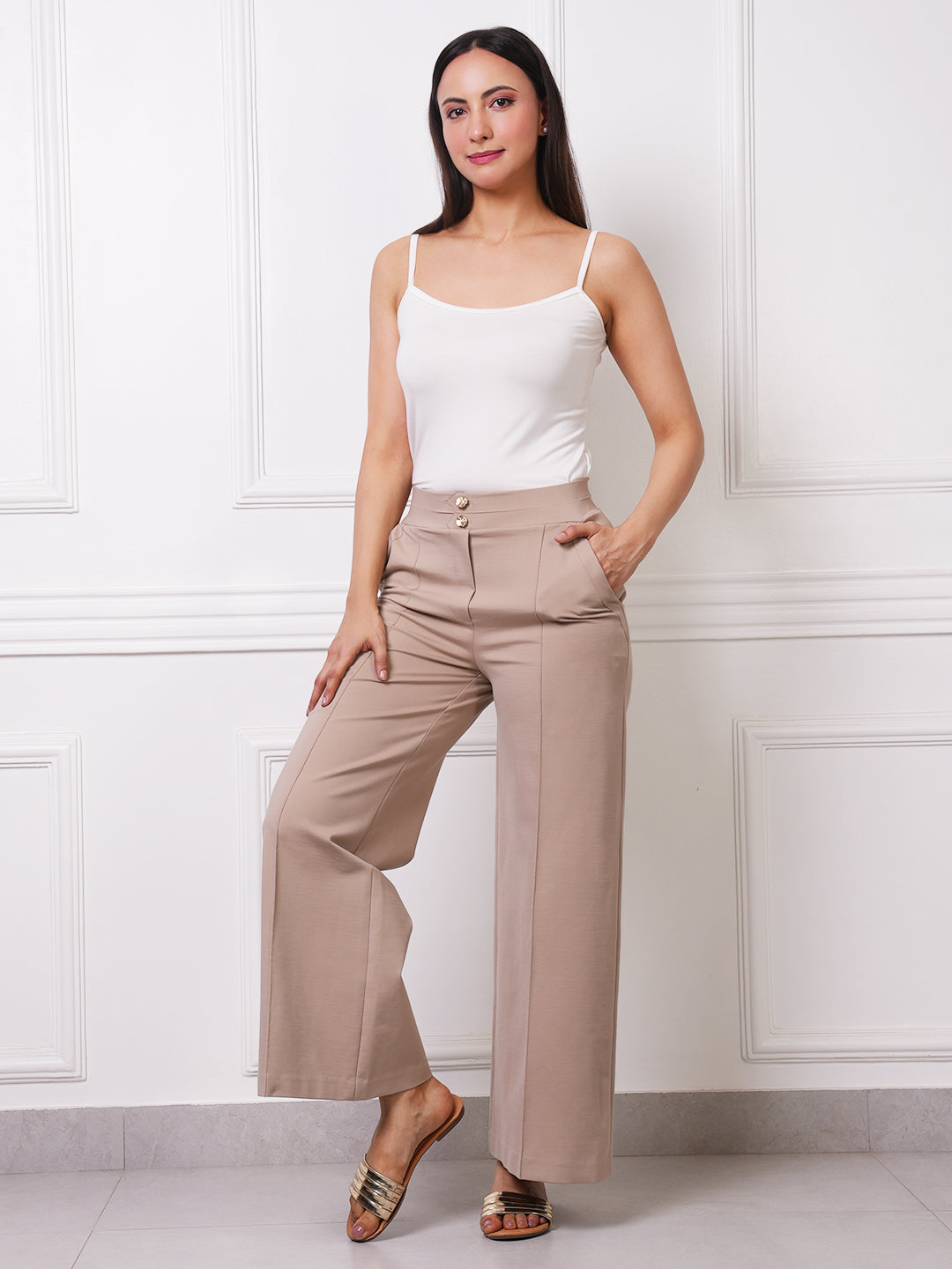 Beige High-Waist Wide-Leg Trousers