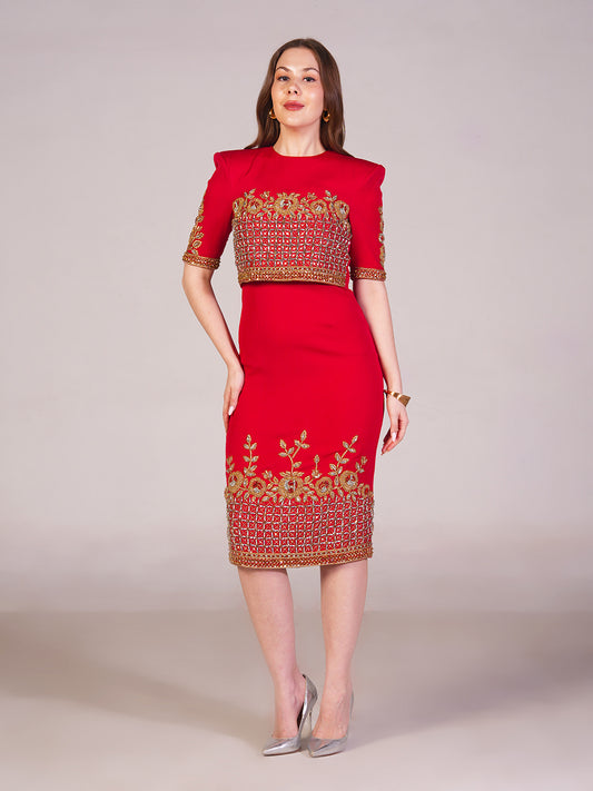 Crimson Luxe Embroidered Dress