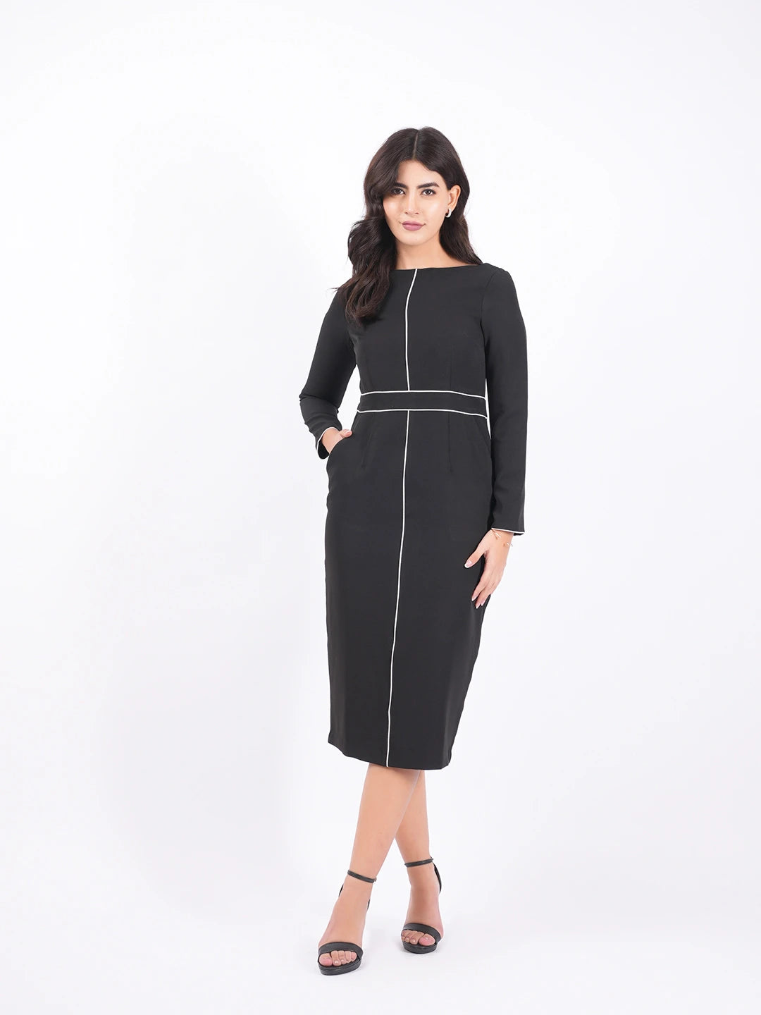Exude Classic Black Contrast-Stitch Midi Dress