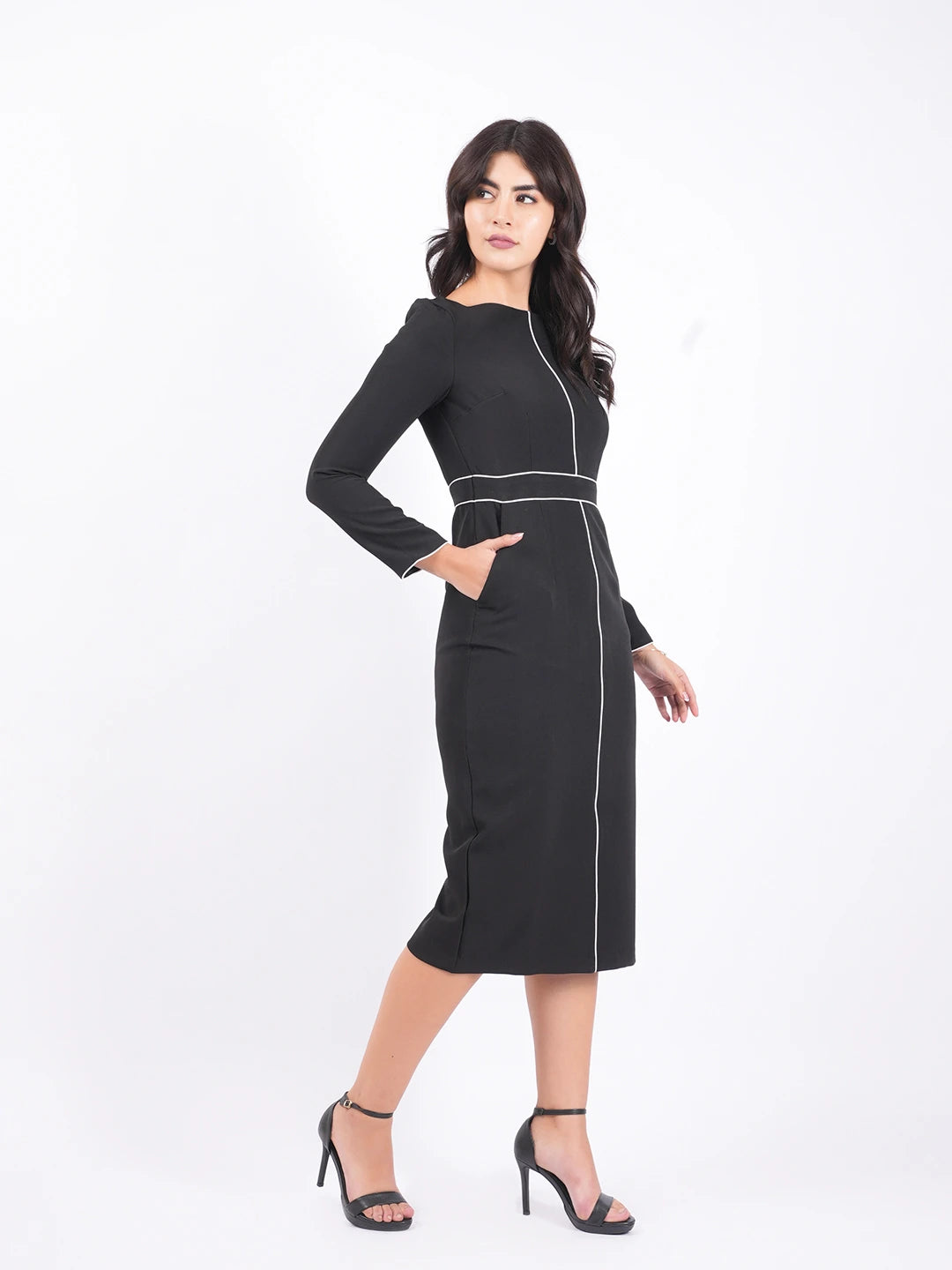 Exude Classic Black Contrast-Stitch Midi Dress