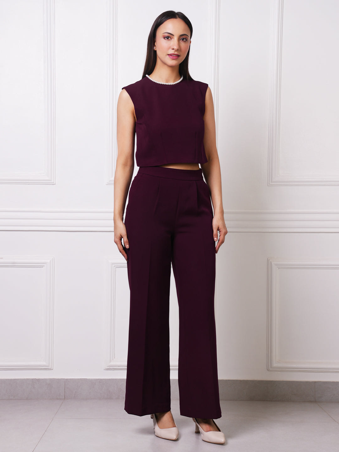 Wine Pearl Neck Crop Top & High-Waist Pleated Wide-Leg Trousers Co-ord Set