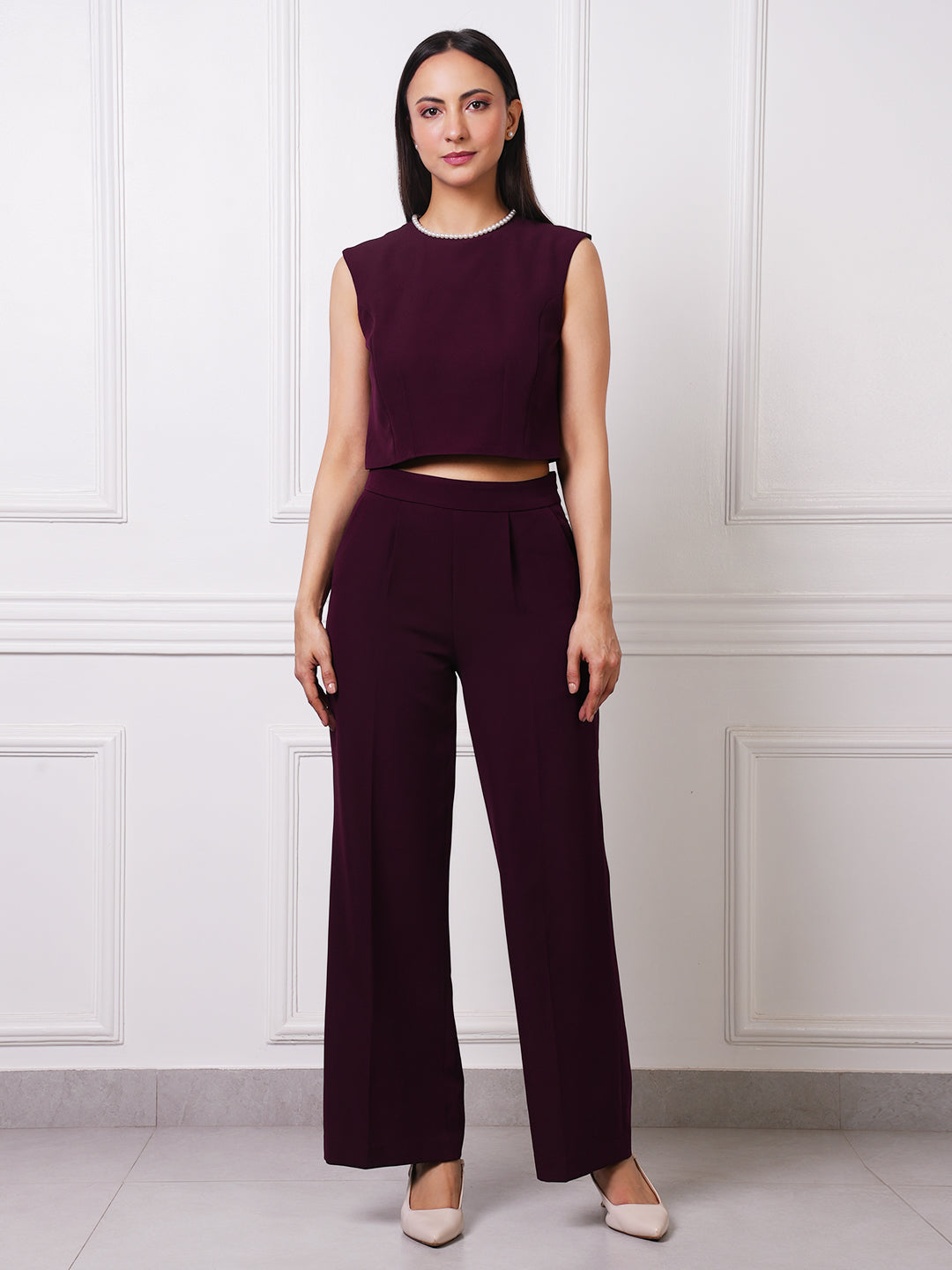 Wine Pearl Neck Crop Top & High-Waist Pleated Wide-Leg Trousers Co-ord Set