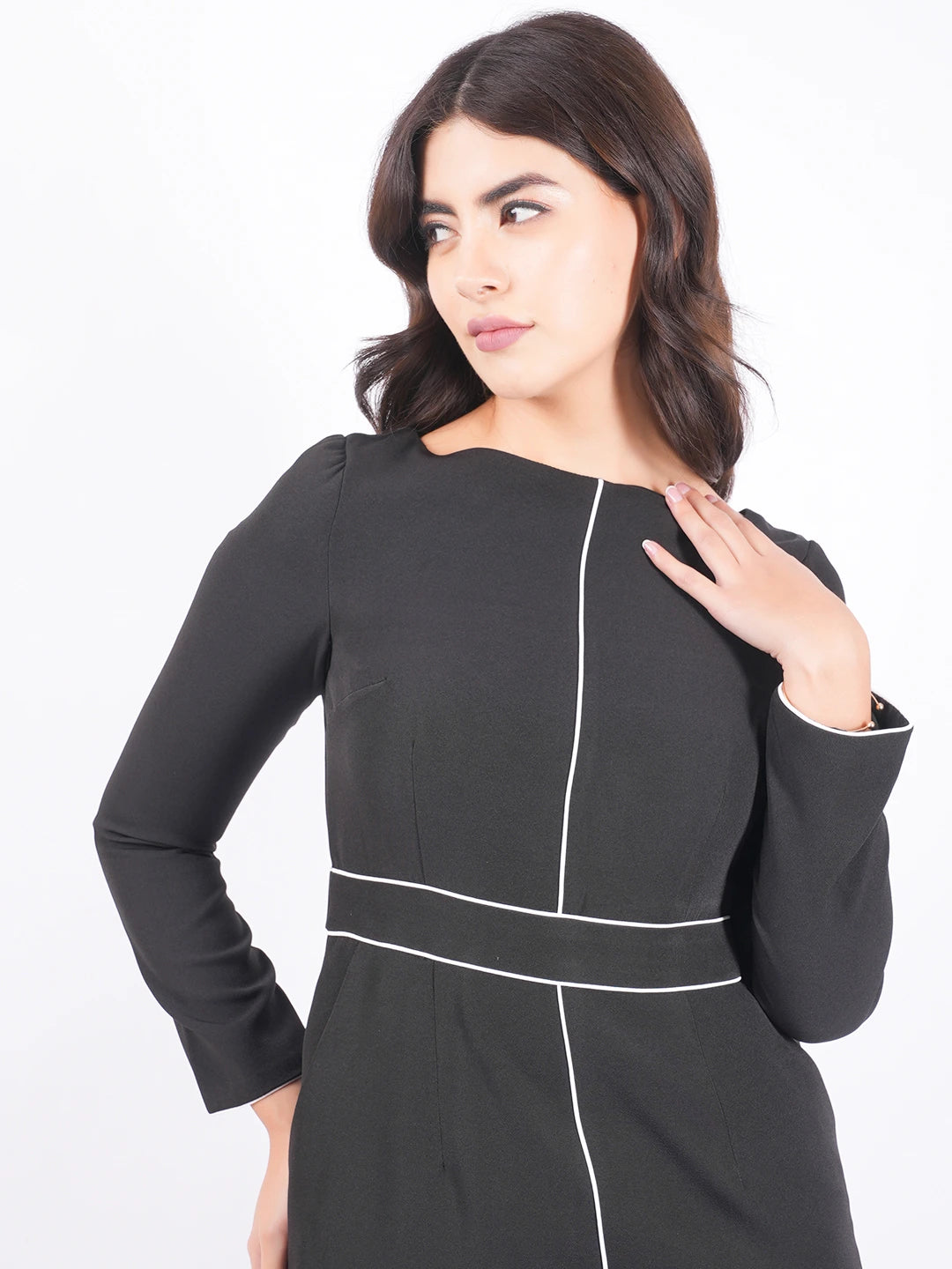 Exude Classic Black Contrast-Stitch Midi Dress