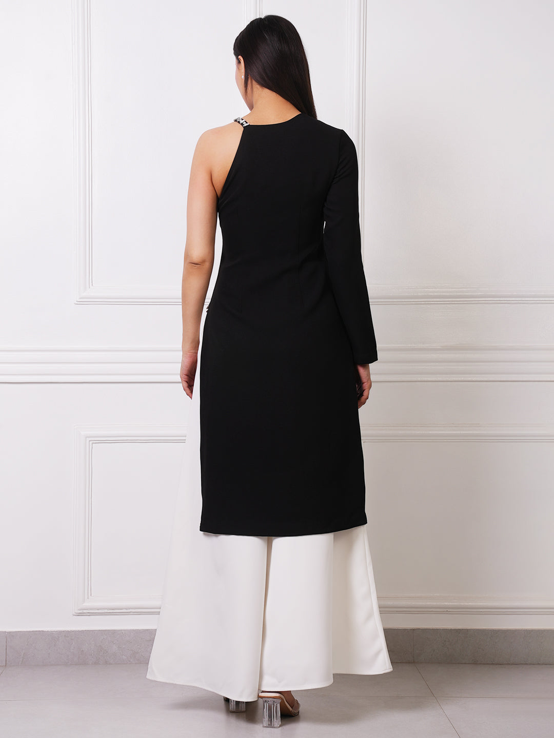 Black & White One-Shoulder Crystal Trim Tunic & Wide-Leg Palazzo Co-ord Set