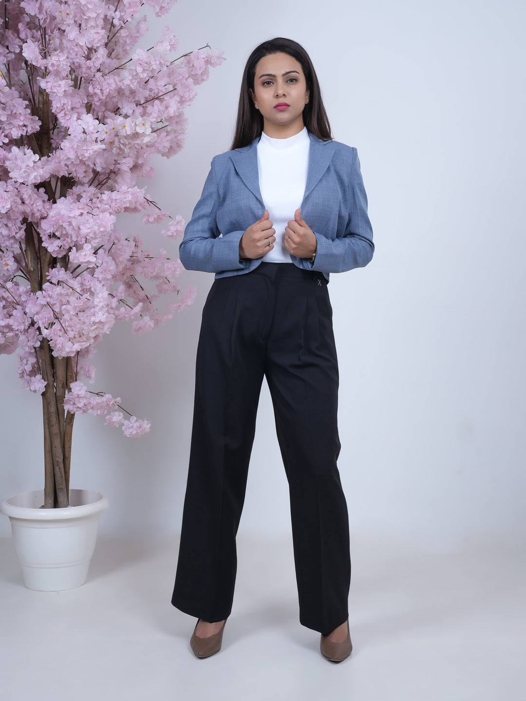 Exude Linen Crop Blazer Blue
