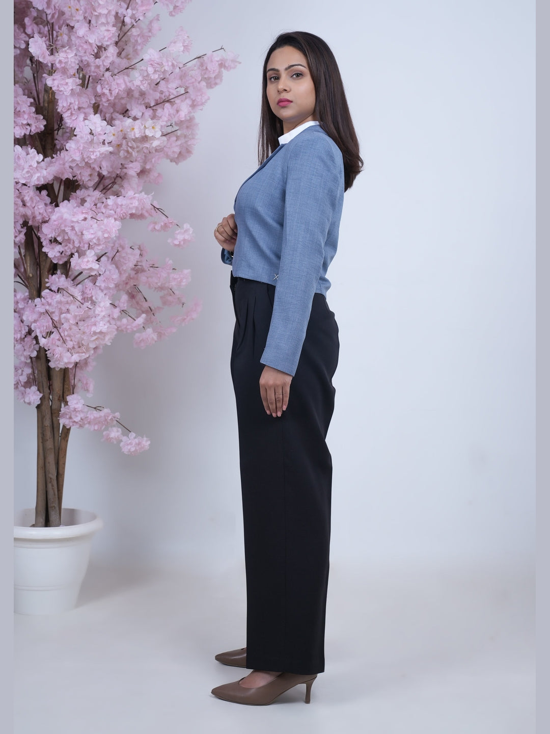 Exude Linen Crop Blazer Blue