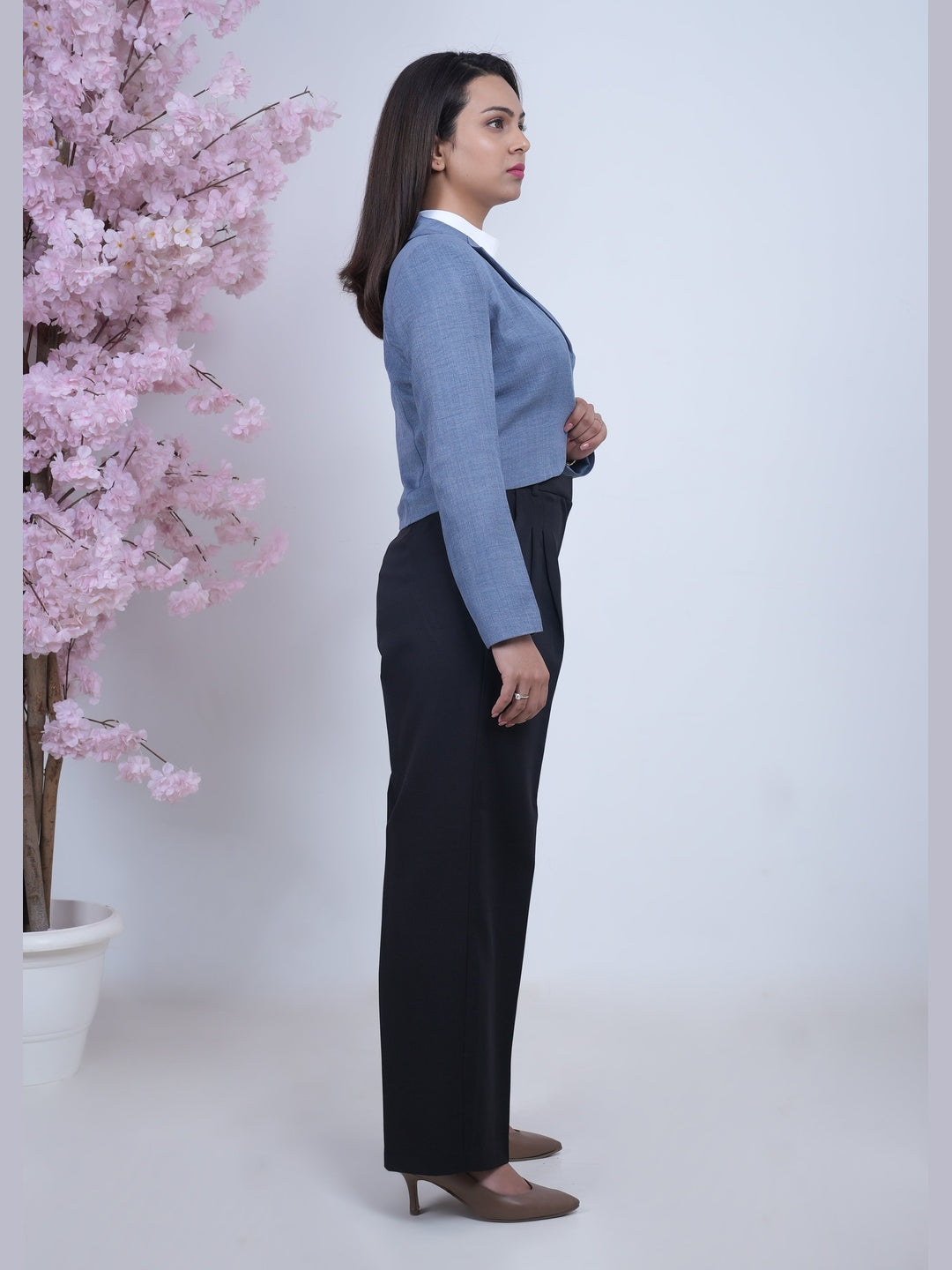 Exude Linen Crop Blazer Blue