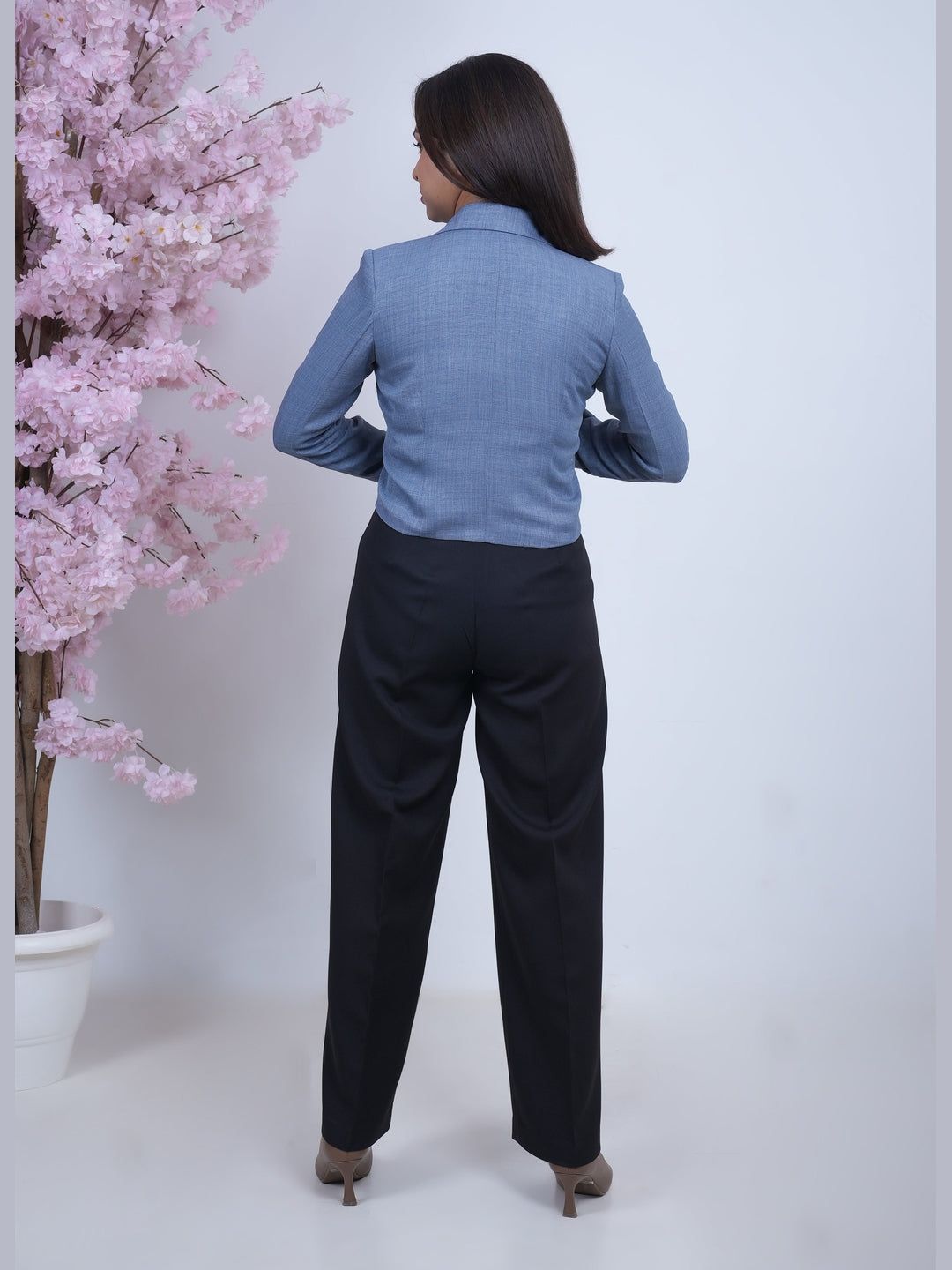 Exude Linen Crop Blazer Blue