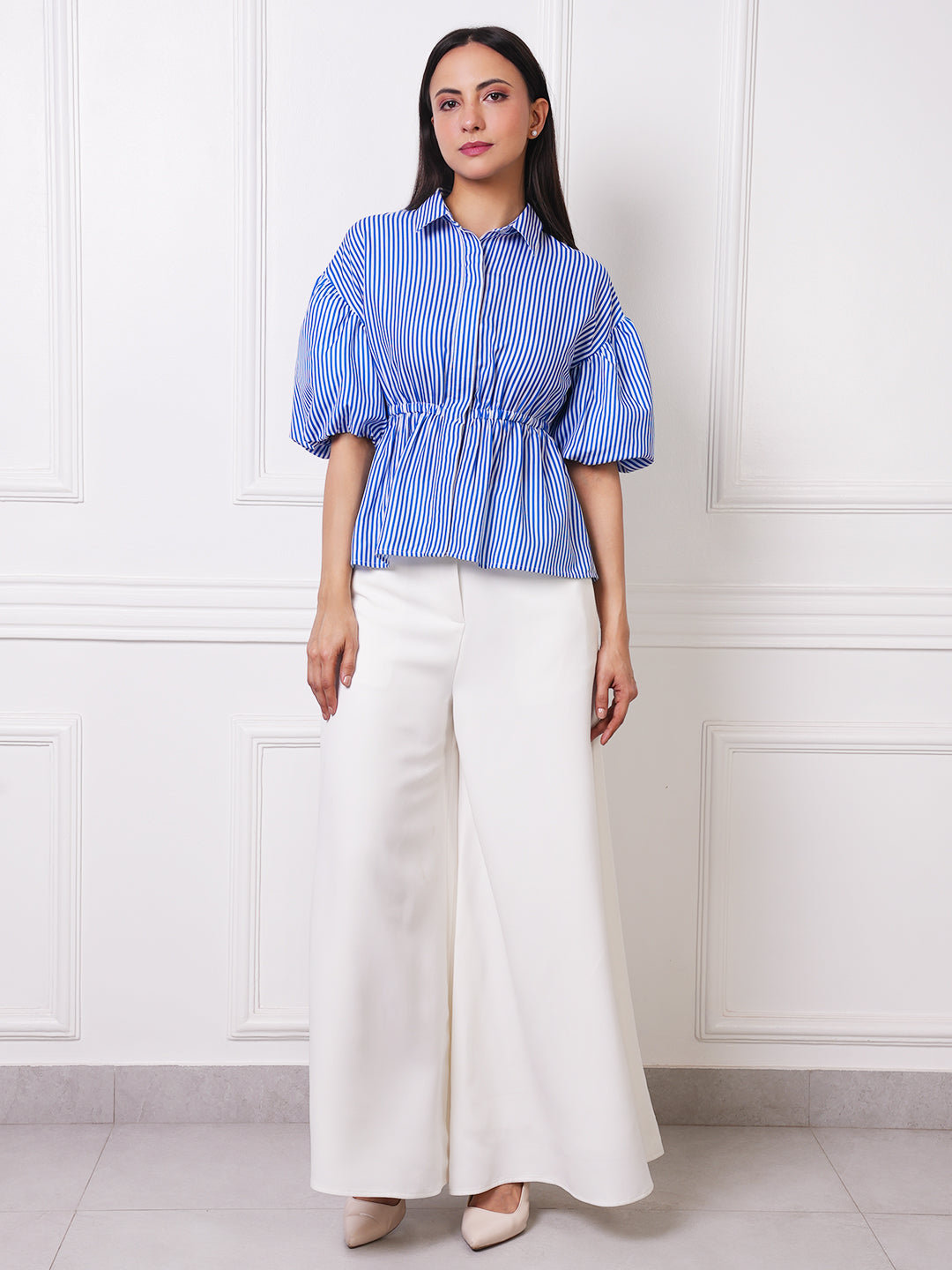 Blue & White Striped Puff Sleeve Peplum Shirt