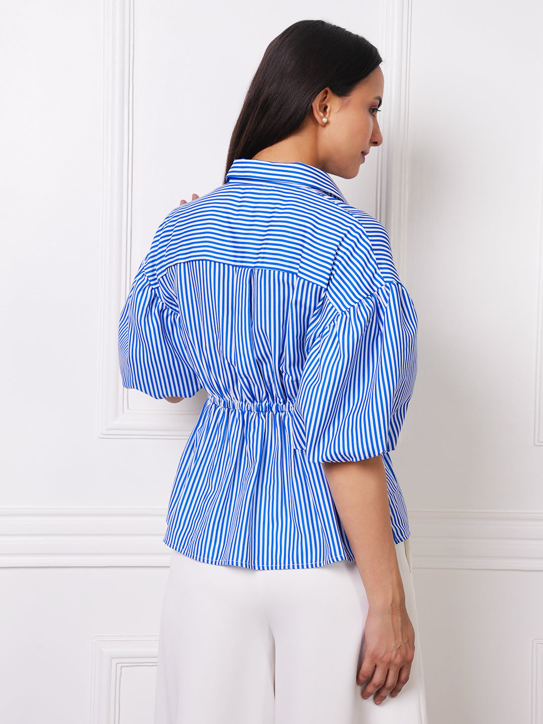 Blue & White Striped Puff Sleeve Peplum Shirt