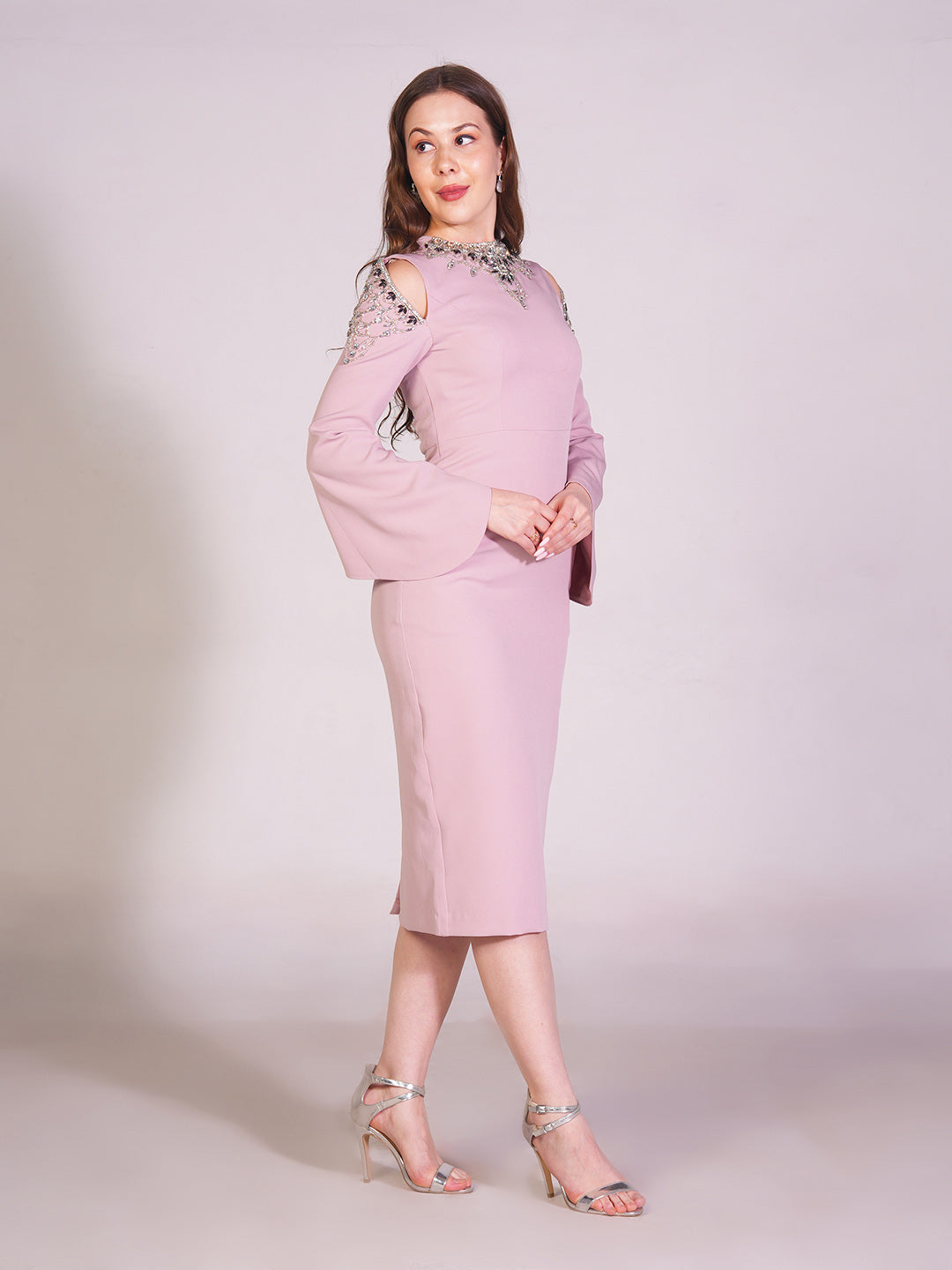 Blush Embellished Cold Shoulder Midi Dress