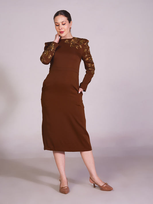 Embroidered Shoulder Sheath Dress