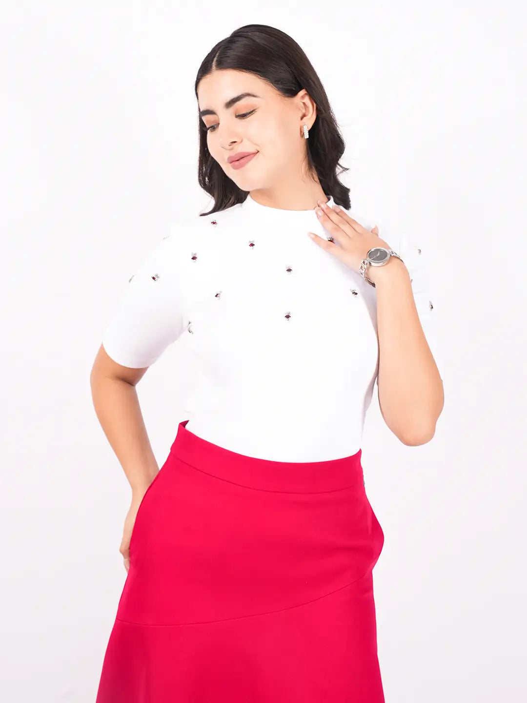 Exude Embellished Rib Knit Top with Bold A-Line Skirt Co-ord Sets