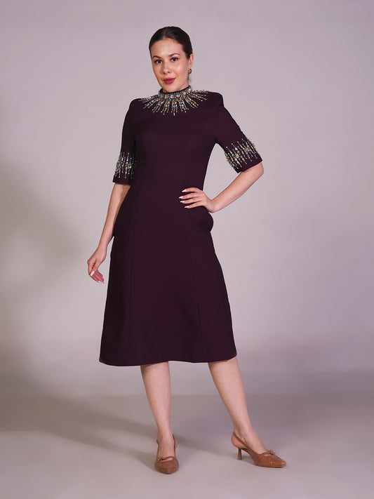 Embellished High-Neck A-Line Dress