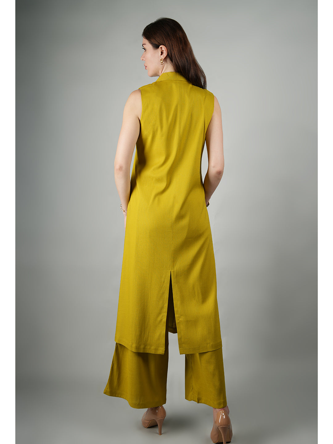 Exude Lustrous Long Jacket , Top with Wide Leg Trouser Lime Green Co-ord Sets