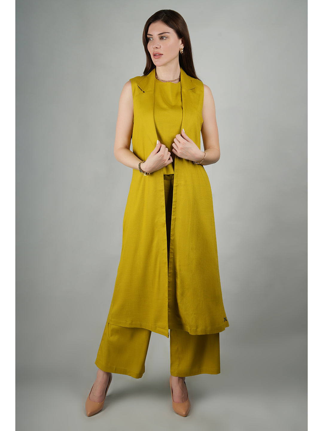 Exude Lustrous Long Jacket , Top with Wide Leg Trouser Lime Green Co-ord Sets