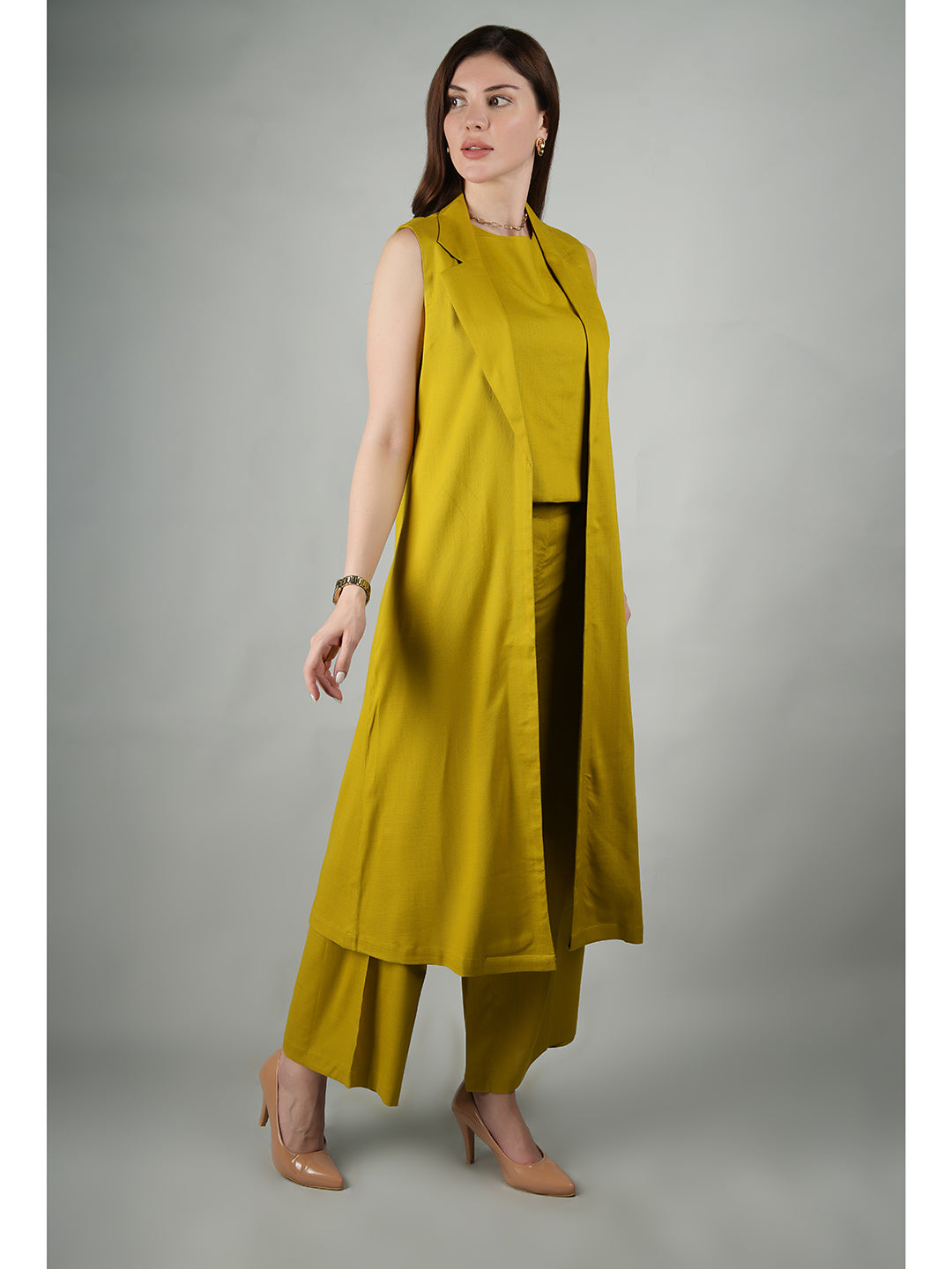 Exude Lustrous Long Jacket , Top with Wide Leg Trouser Lime Green Co-ord Sets
