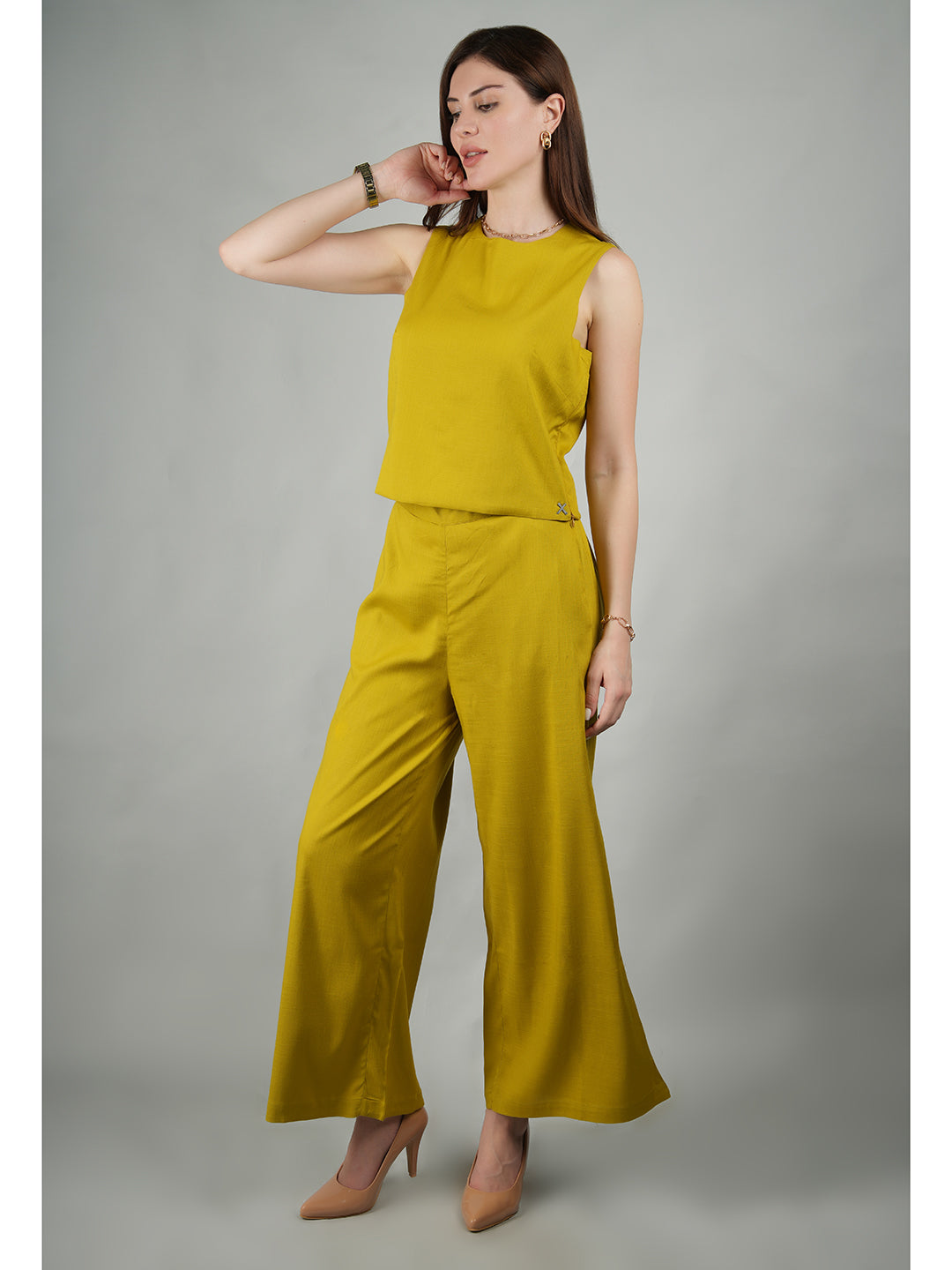 Exude Lustrous Long Jacket , Top with Wide Leg Trouser Lime Green Co-ord Sets