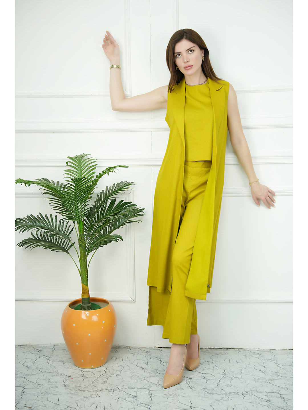 Exude Lustrous Long Jacket , Top with Wide Leg Trouser Lime Green Co-ord Sets
