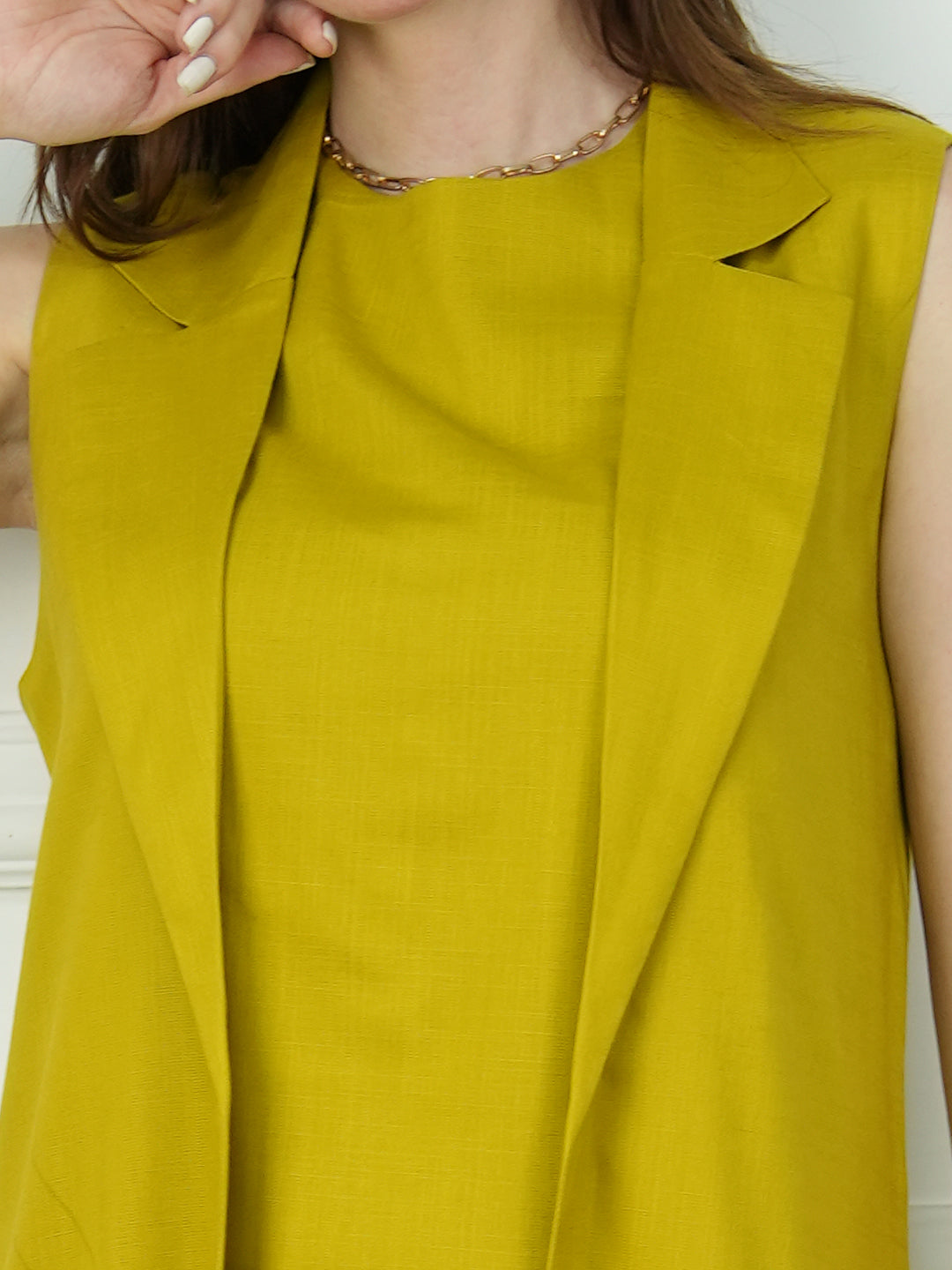 Exude Lustrous Long Jacket , Top with Wide Leg Trouser Lime Green Co-ord Sets