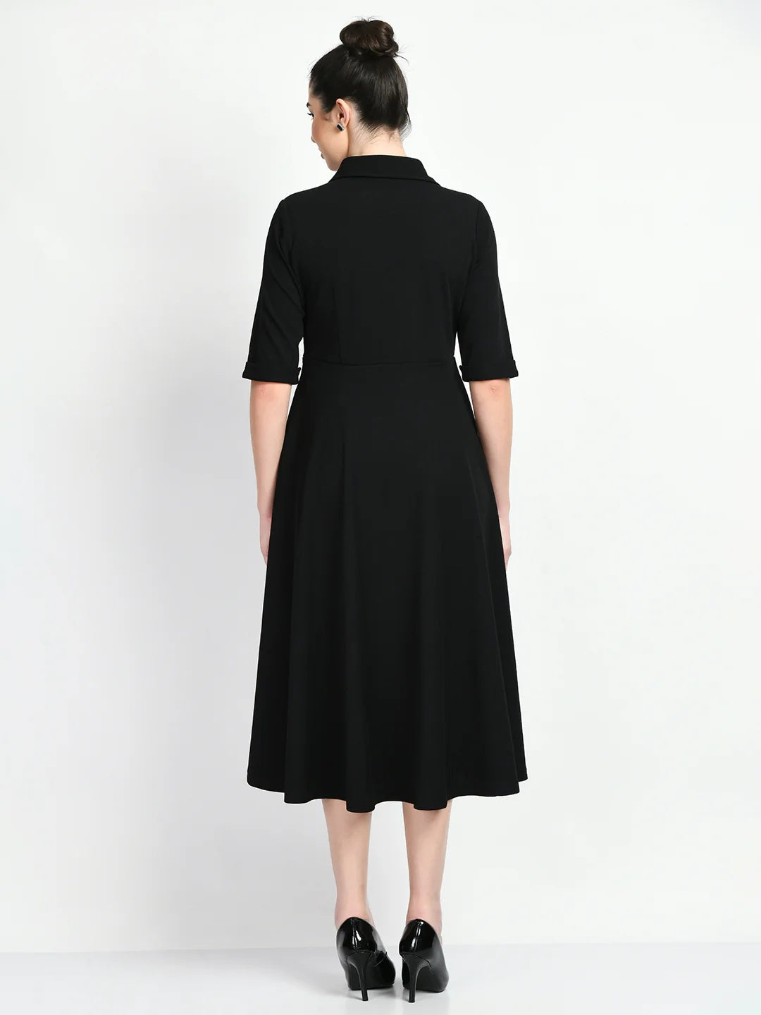 Exude Serenity Fit and Flared Shirt Midi Dress Black Dresses