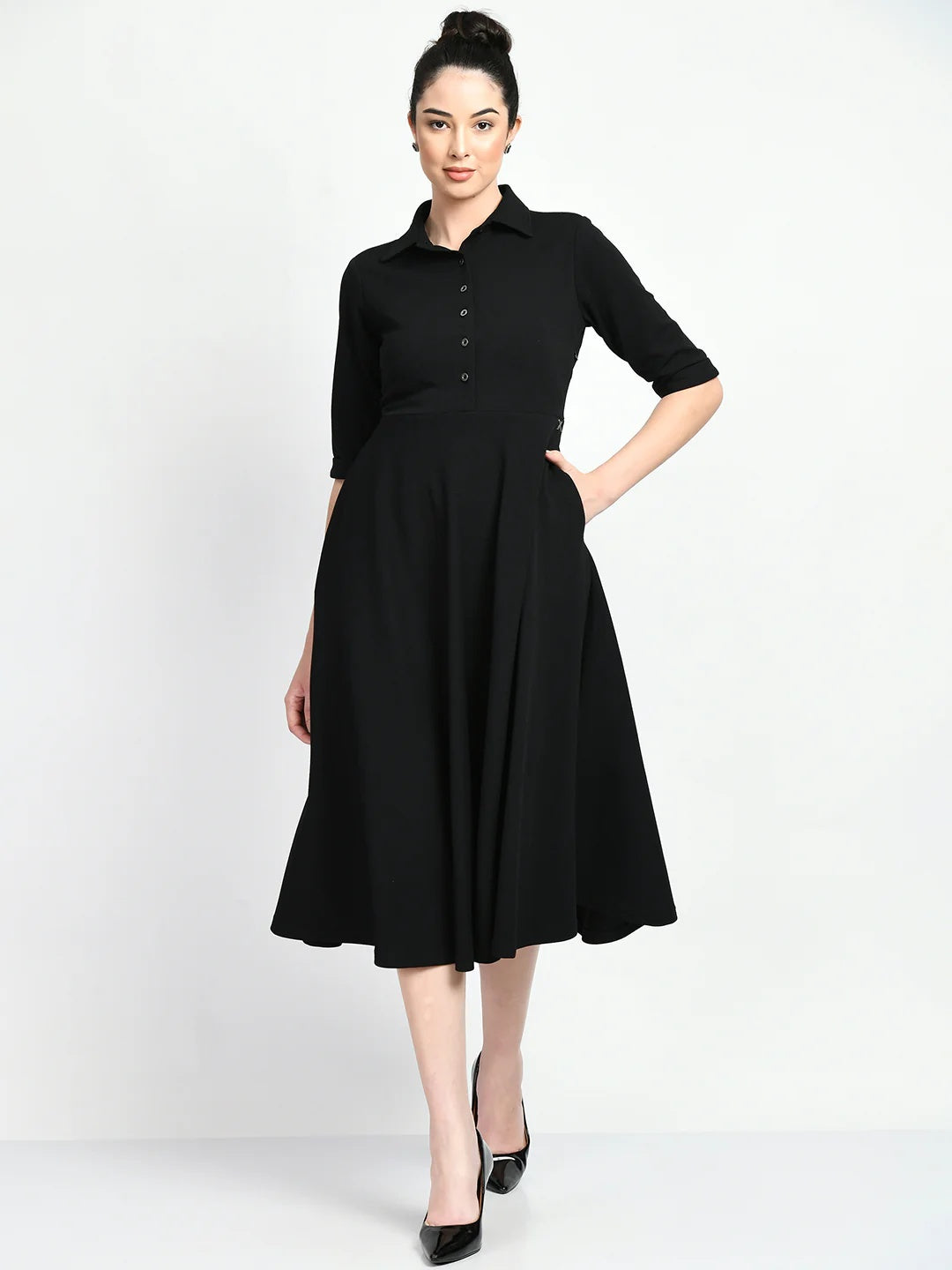 Exude Serenity Fit and Flared Shirt Midi Dress Black Dresses