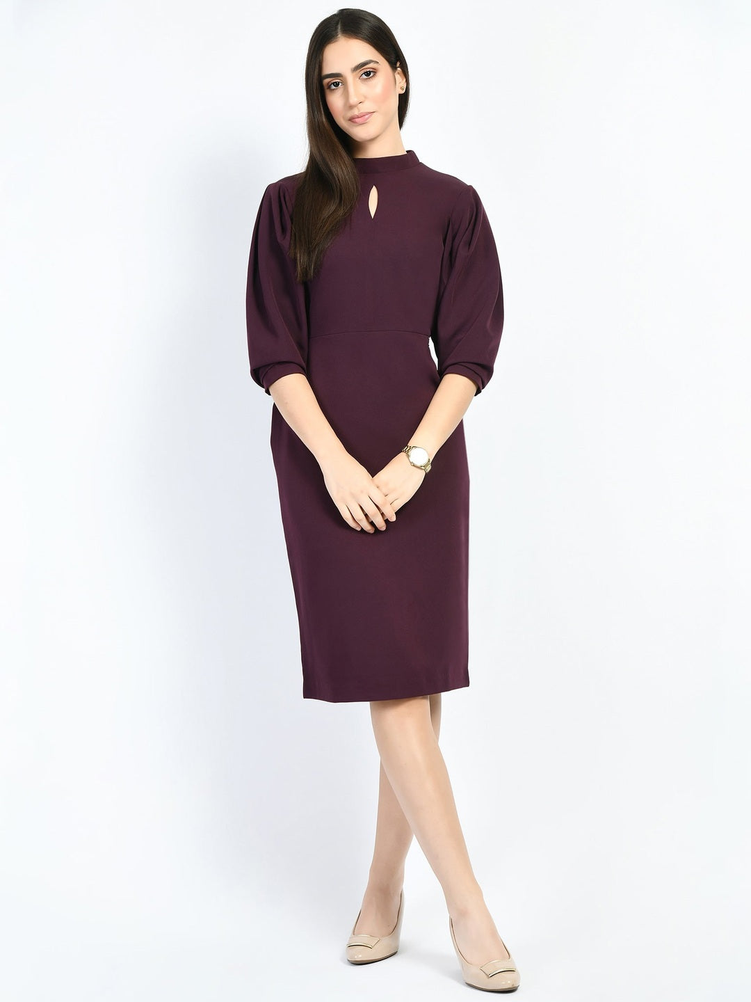 Exude Allure Puffed Sleeves Sheath Dress Wine Dresses