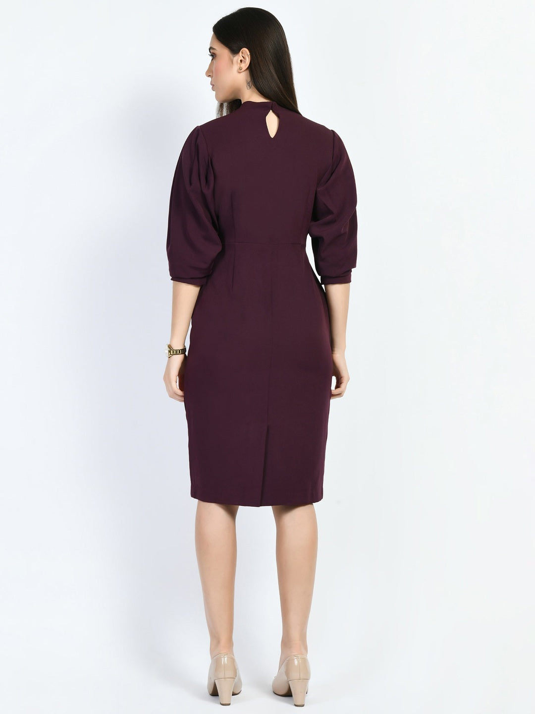 Exude Allure Puffed Sleeves Sheath Dress Wine Dresses