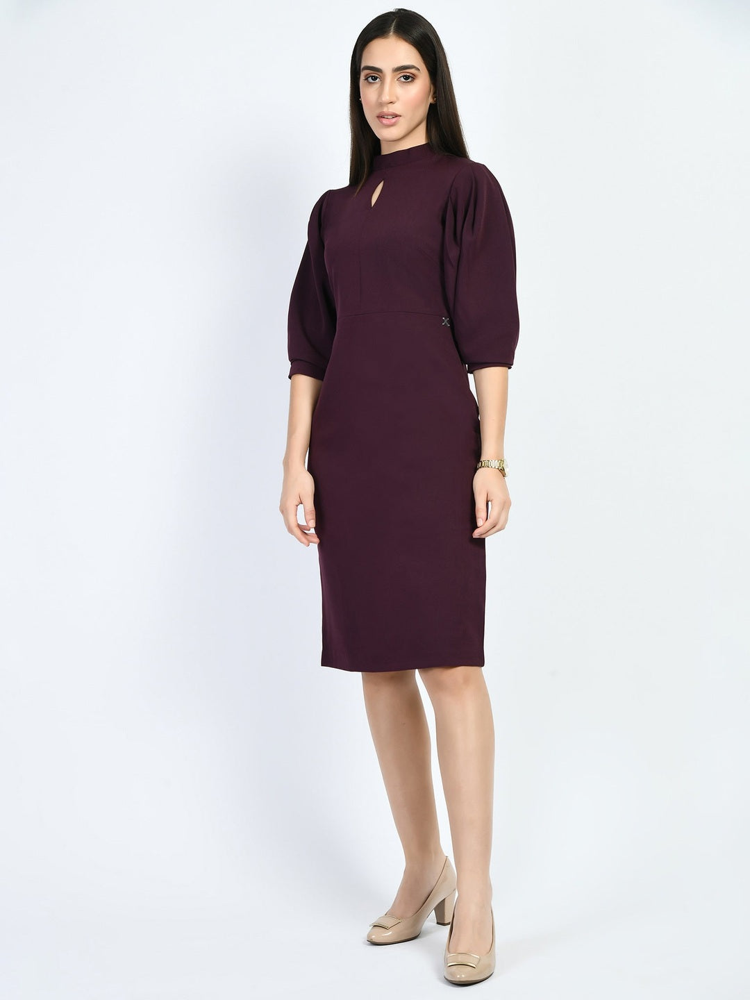 Exude Allure Puffed Sleeves Sheath Dress Wine Dresses