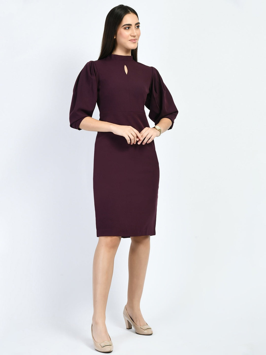 Exude Allure Puffed Sleeves Sheath Dress Wine Dresses