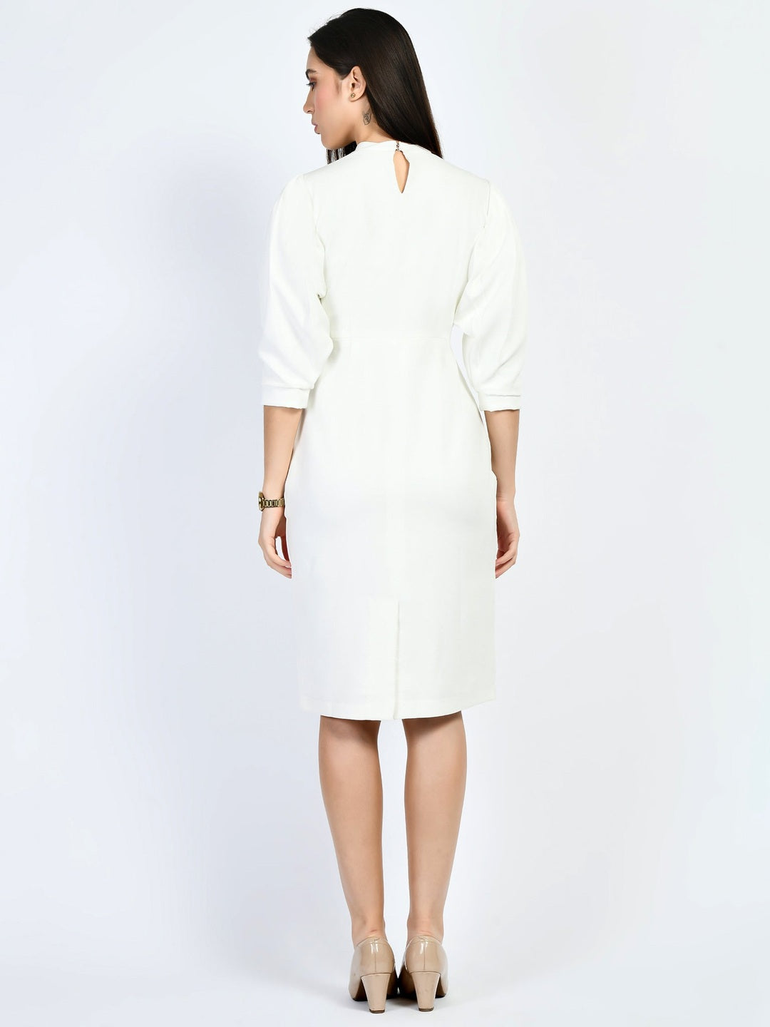 Exude Allure Puffed Sleeves Sheath Dress White Dresses