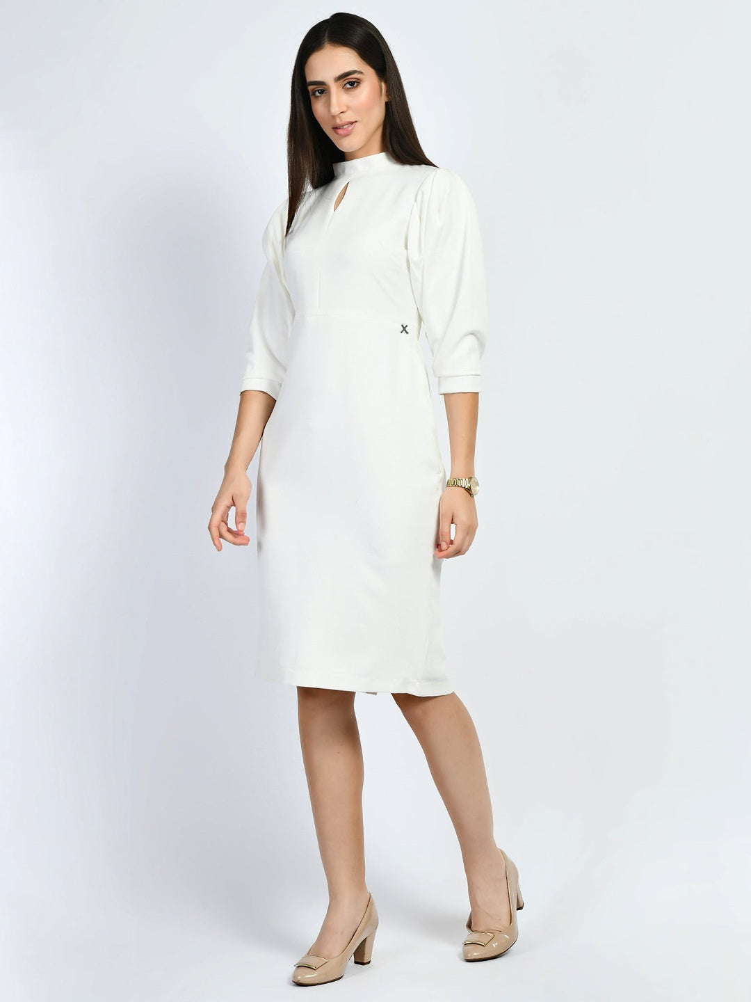 Exude Allure Puffed Sleeves Sheath Dress White Dresses