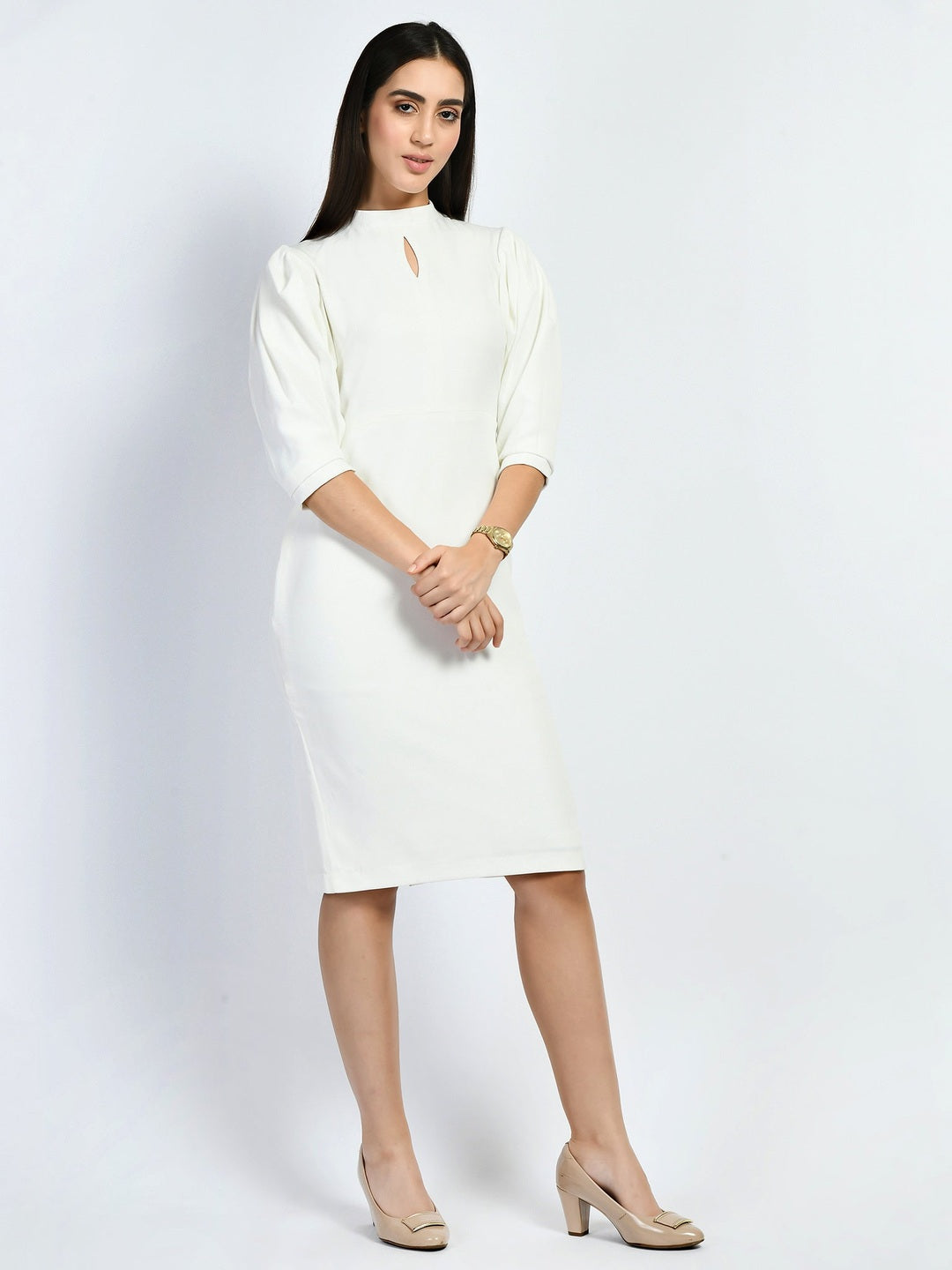 Exude Allure Puffed Sleeves Sheath Dress White Dresses