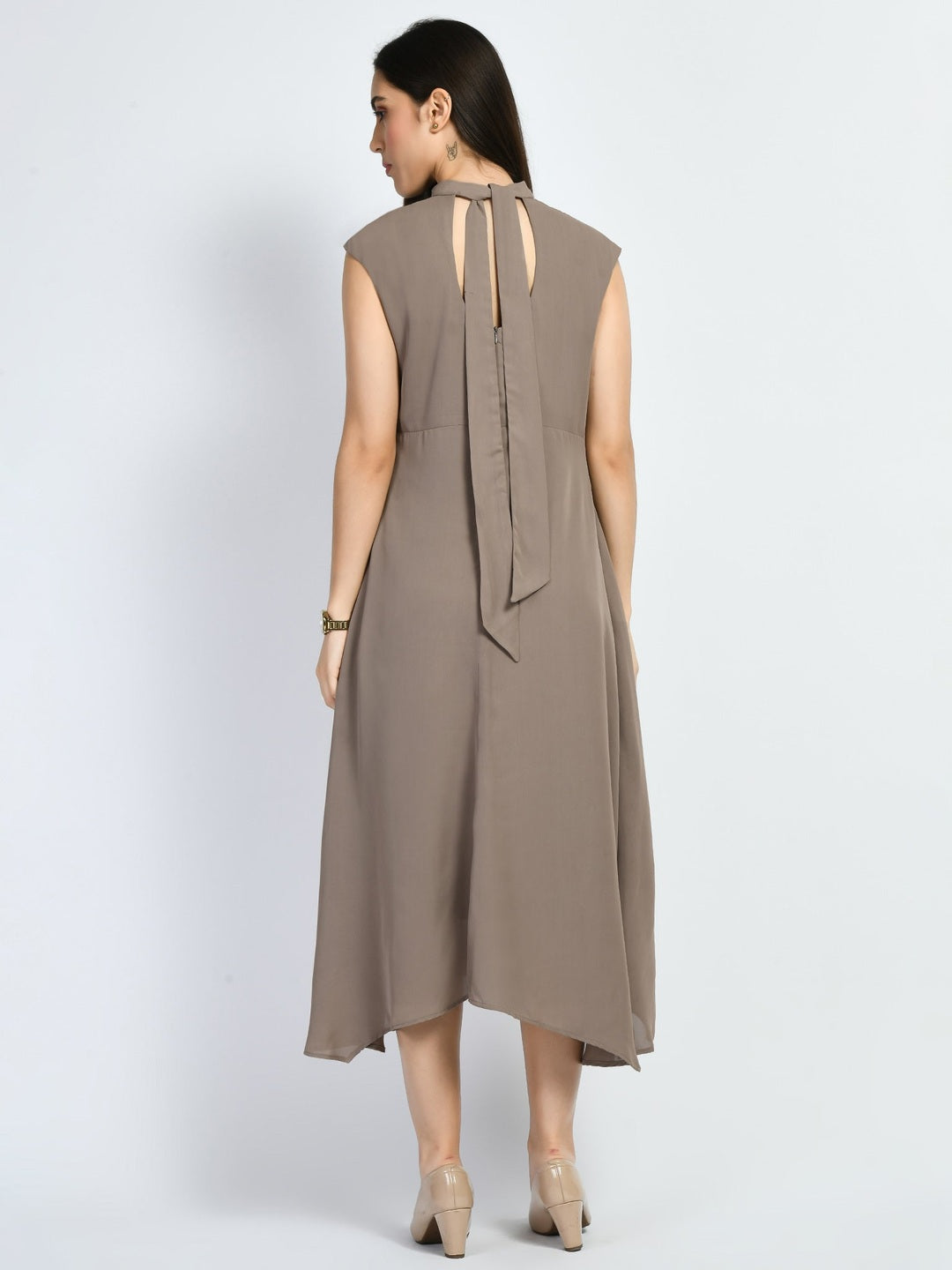 Exude Vibrance Open Back Midi Dress Camel Beige Dresses