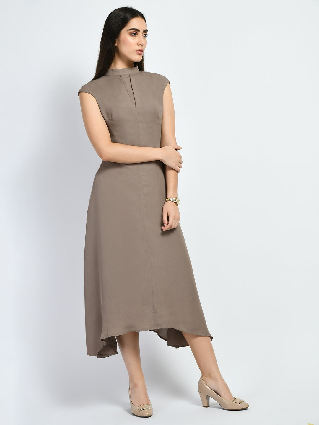 Exude Vibrance Open Back Midi Dress Camel Beige Dresses