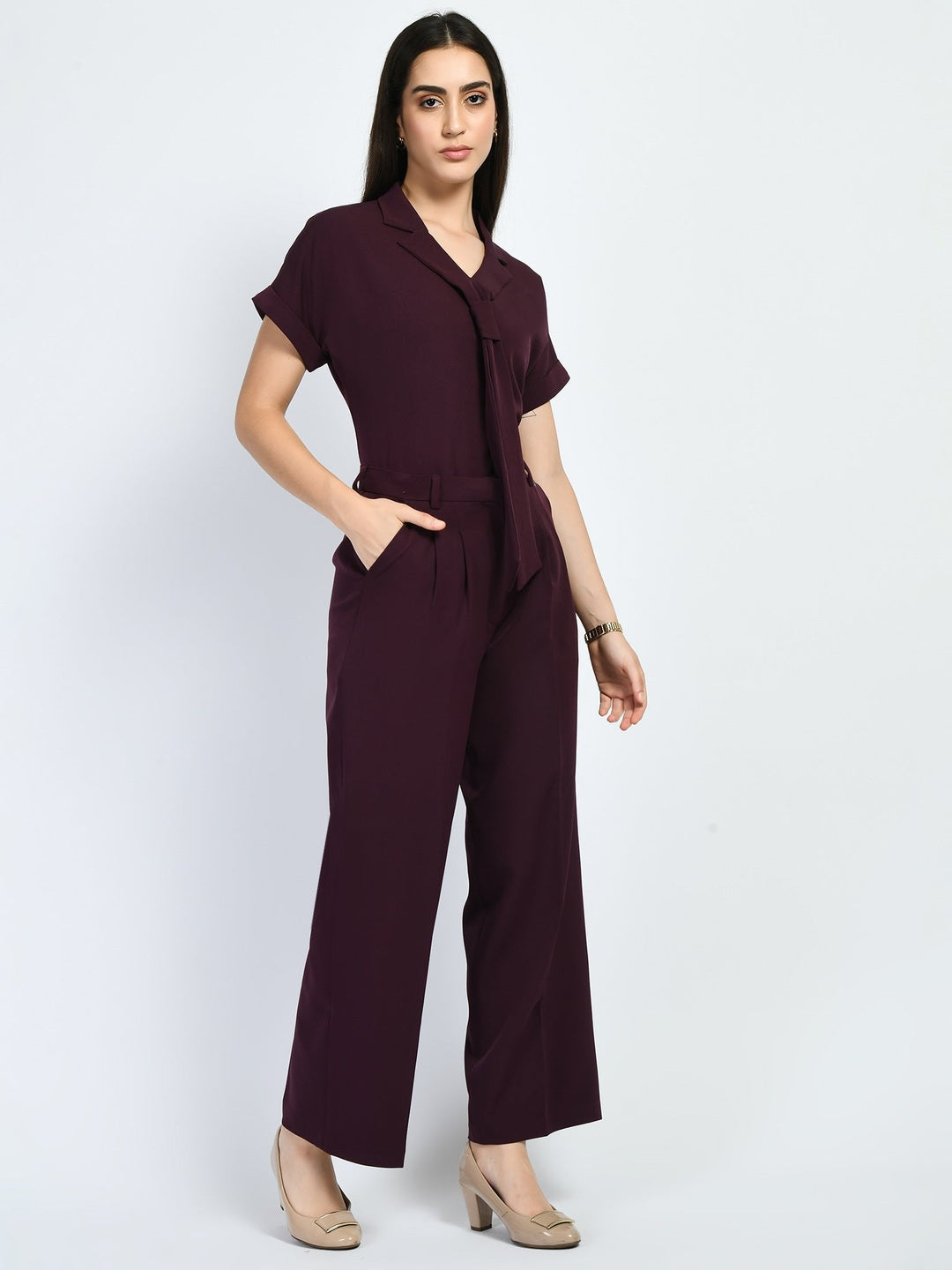 Exude Magnetism Solid Wide Leg Trousers With Blazer Tie Top Co-ord Wine Co-ord Sets