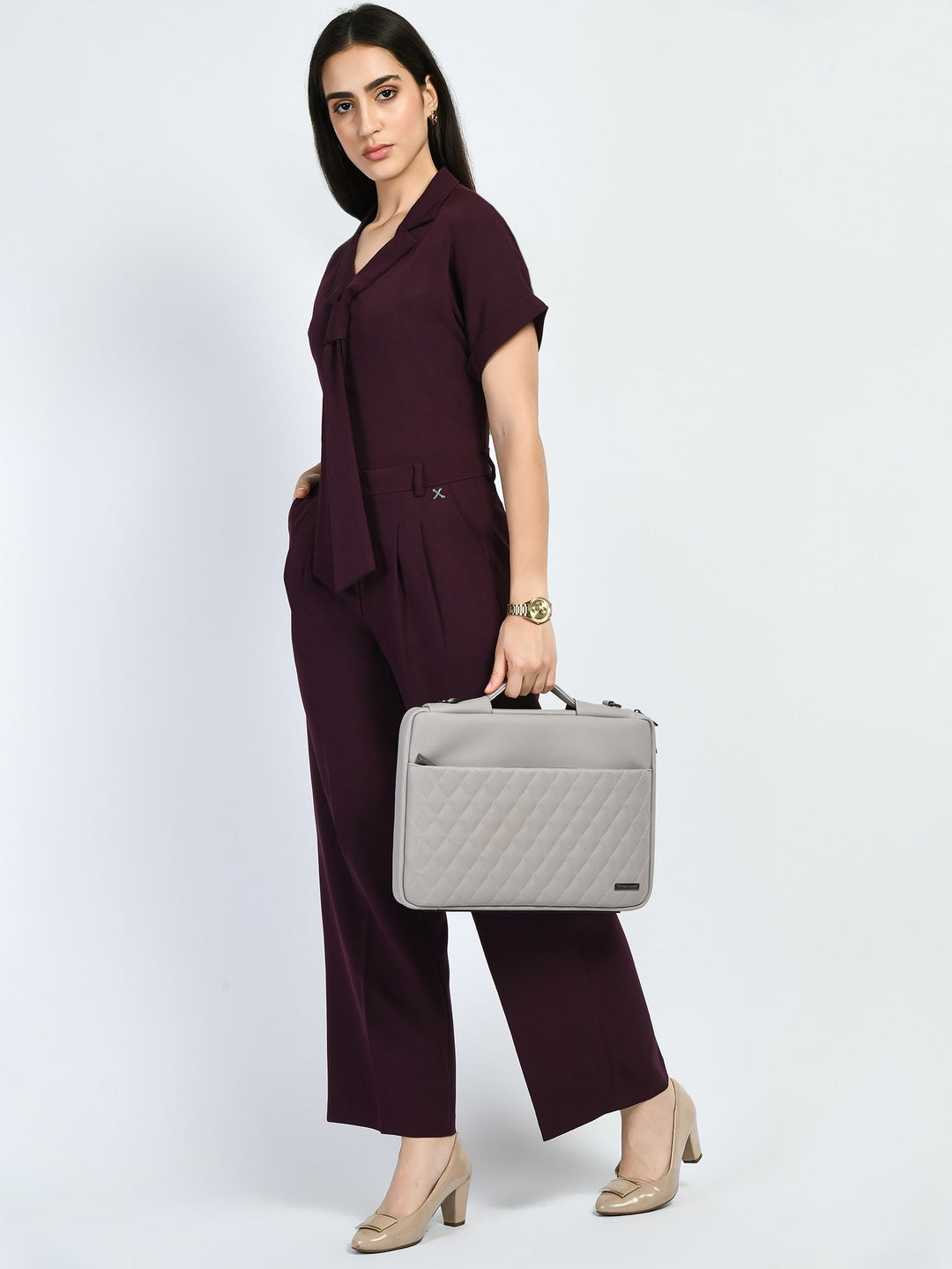 Exude Magnetism Solid Wide Leg Trousers With Blazer Tie Top Co-ord Wine Co-ord Sets
